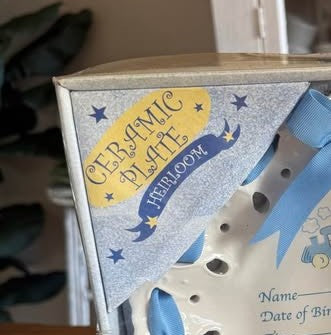 Heirloom Ceramic Baby Birth Record Plate - Vintage 1990's - Blue Train Motif with Ribbon Detailing