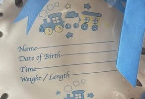 Heirloom Ceramic Baby Birth Record Plate - Vintage 1990's - Blue Train Motif with Ribbon Detailing