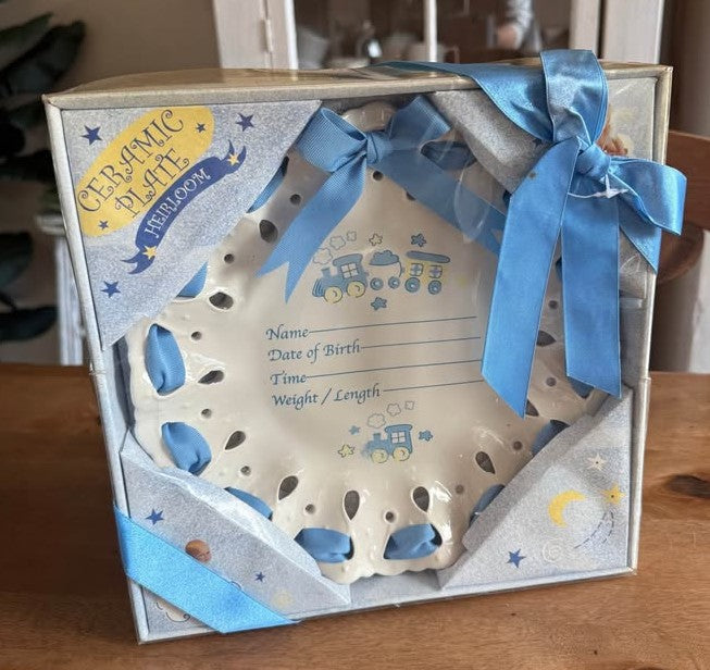 Heirloom Ceramic Baby Birth Record Plate - Vintage 1990's - Blue Train Motif with Ribbon Detailing
