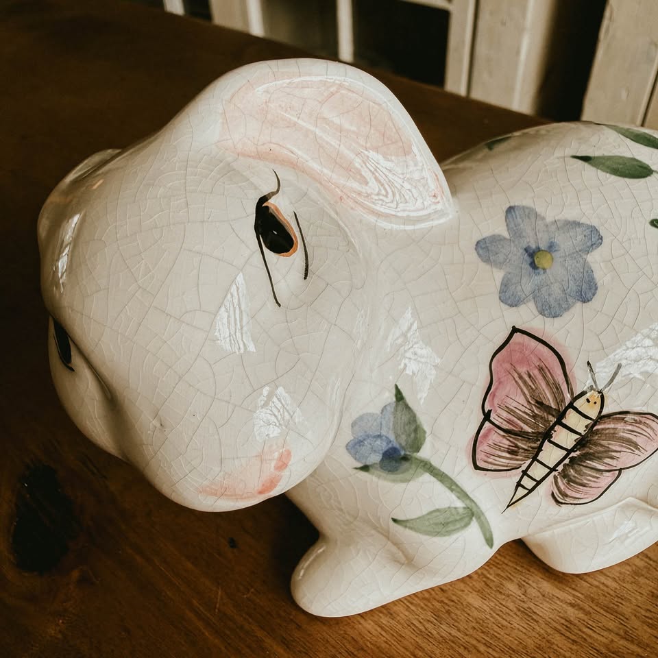 Crackle Glaze Ceramic Vintage Bunny – Floral & Butterfly Shabby Chic Cottage Core Decor