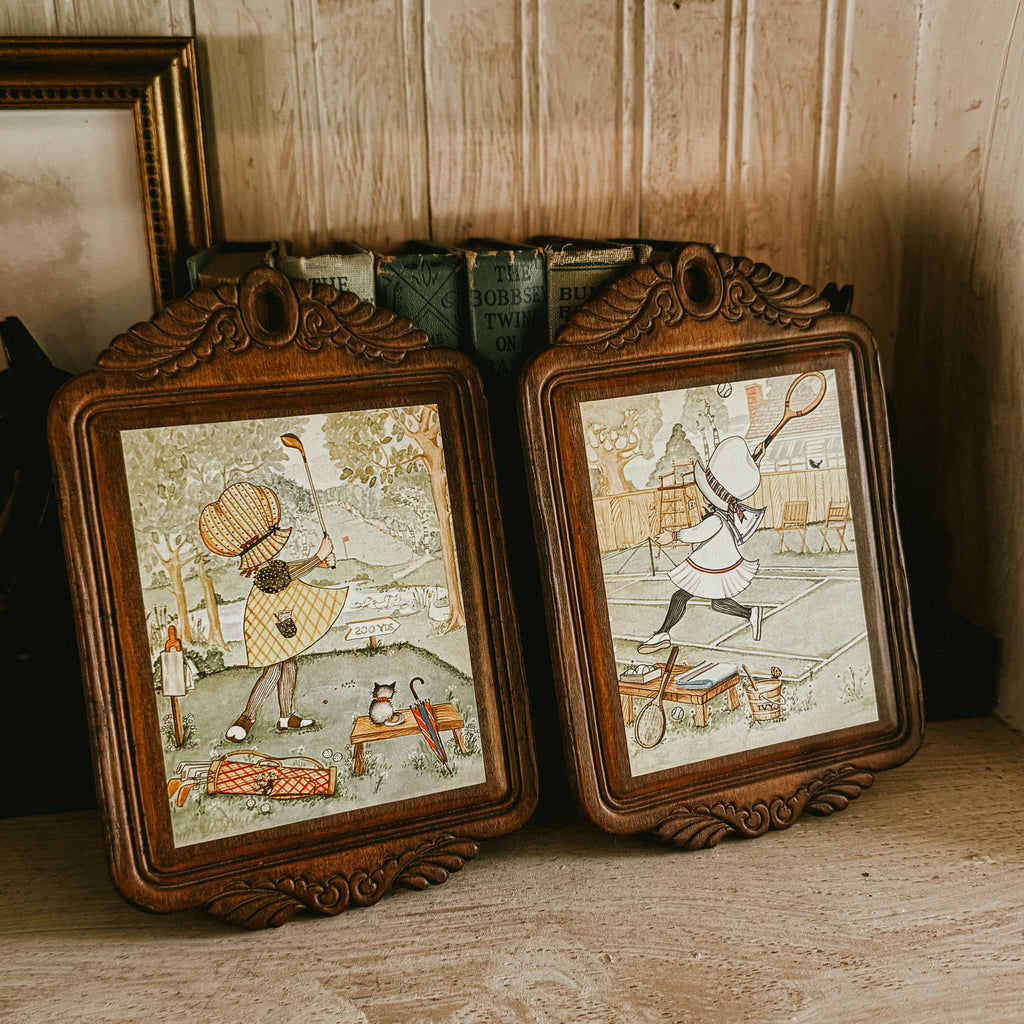 1970s Holly Hobbie Style Sunbonnet Girls Sports Art – Set of 2 Framed Golf & Tennis Prints