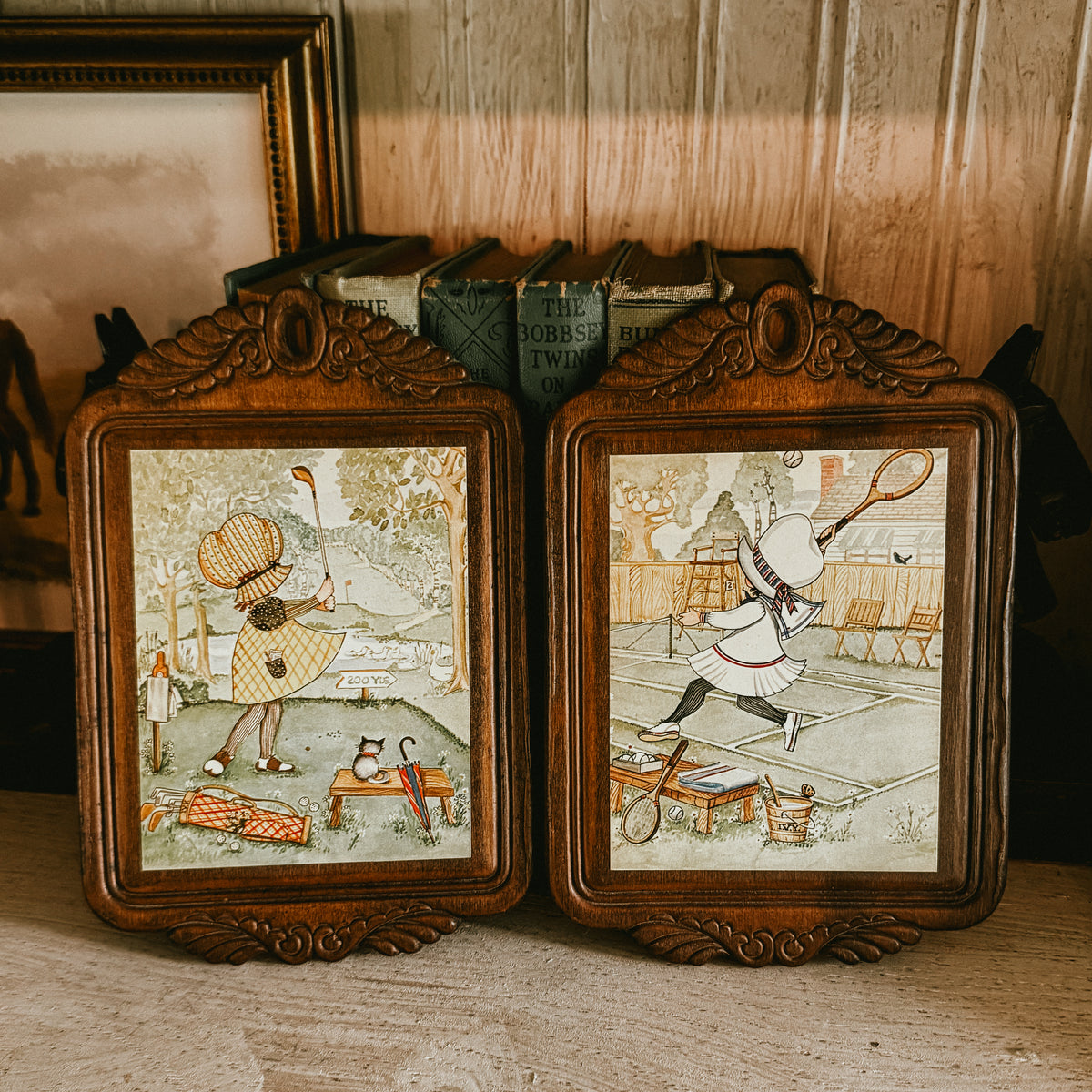 1970s Holly Hobbie Style Sunbonnet Girls Sports Art – Set of 2 Framed Golf & Tennis Prints