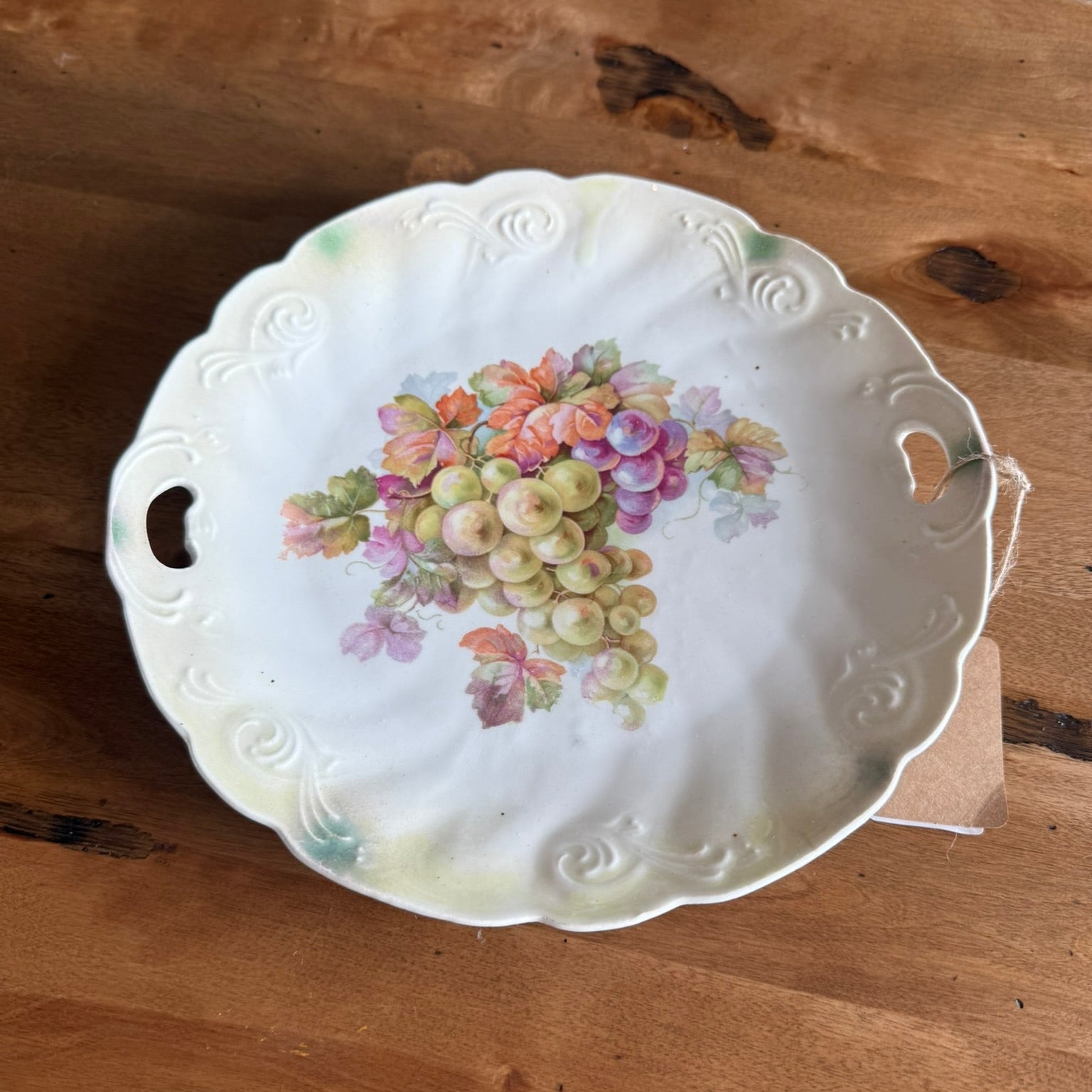 Antique German Porcelain Handled Serving Plate - Lusterware Grape & Vine Motif - Scalloped Embossed Edge