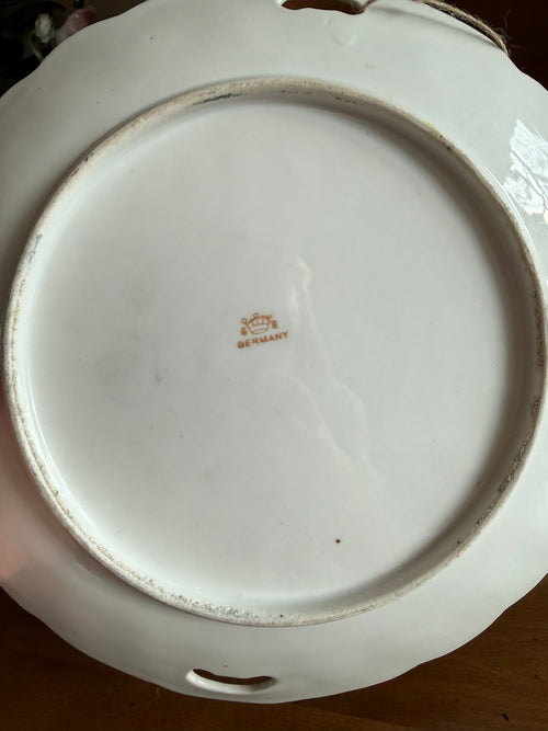 Antique German Porcelain Handled Serving Plate - Lusterware Grape & Vine Motif - Scalloped Embossed Edge