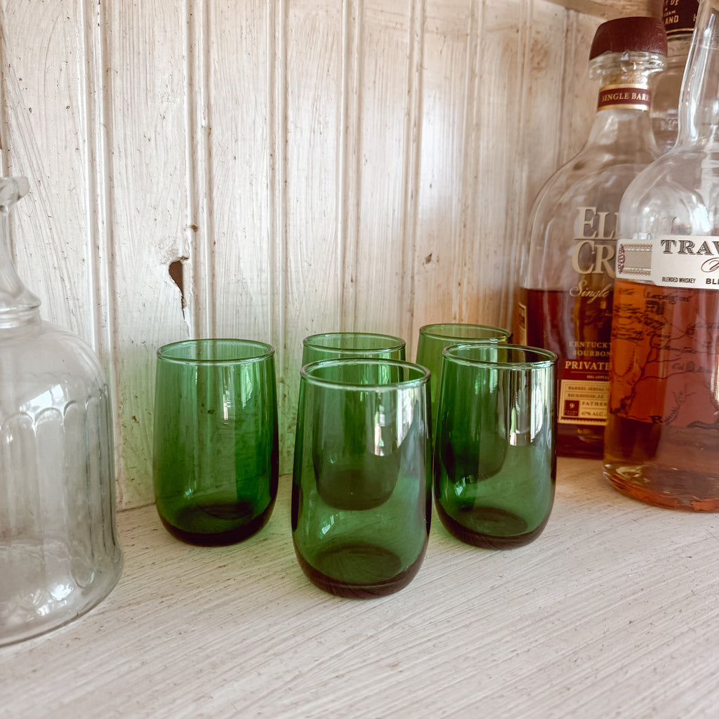Five mid-century modern Anchor Hocking Forest Green flat-bottom Roly Poly juice glasses 