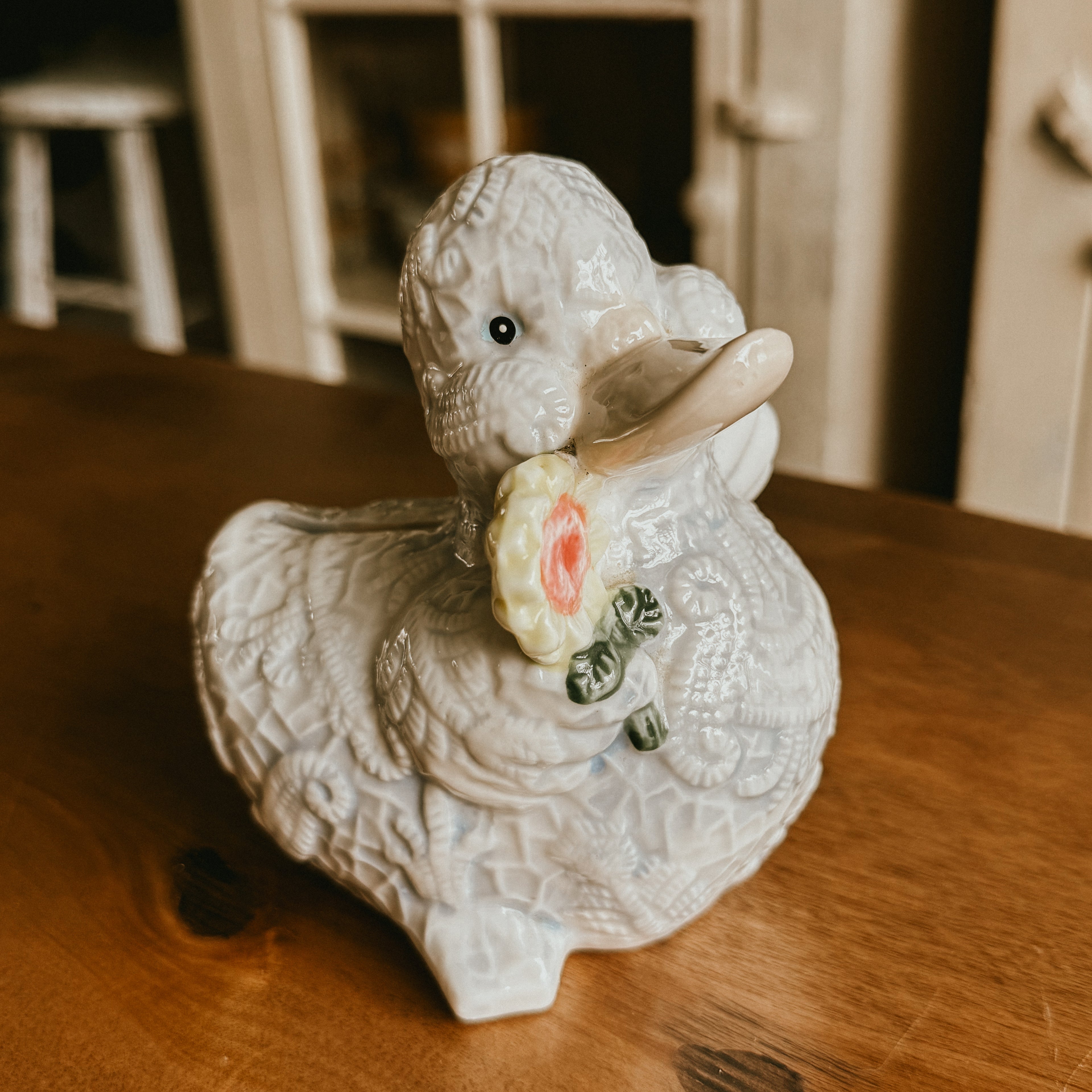 Detailed White Lace Texture Ceramic Duck Bank – Vintage Floral Coin Bank