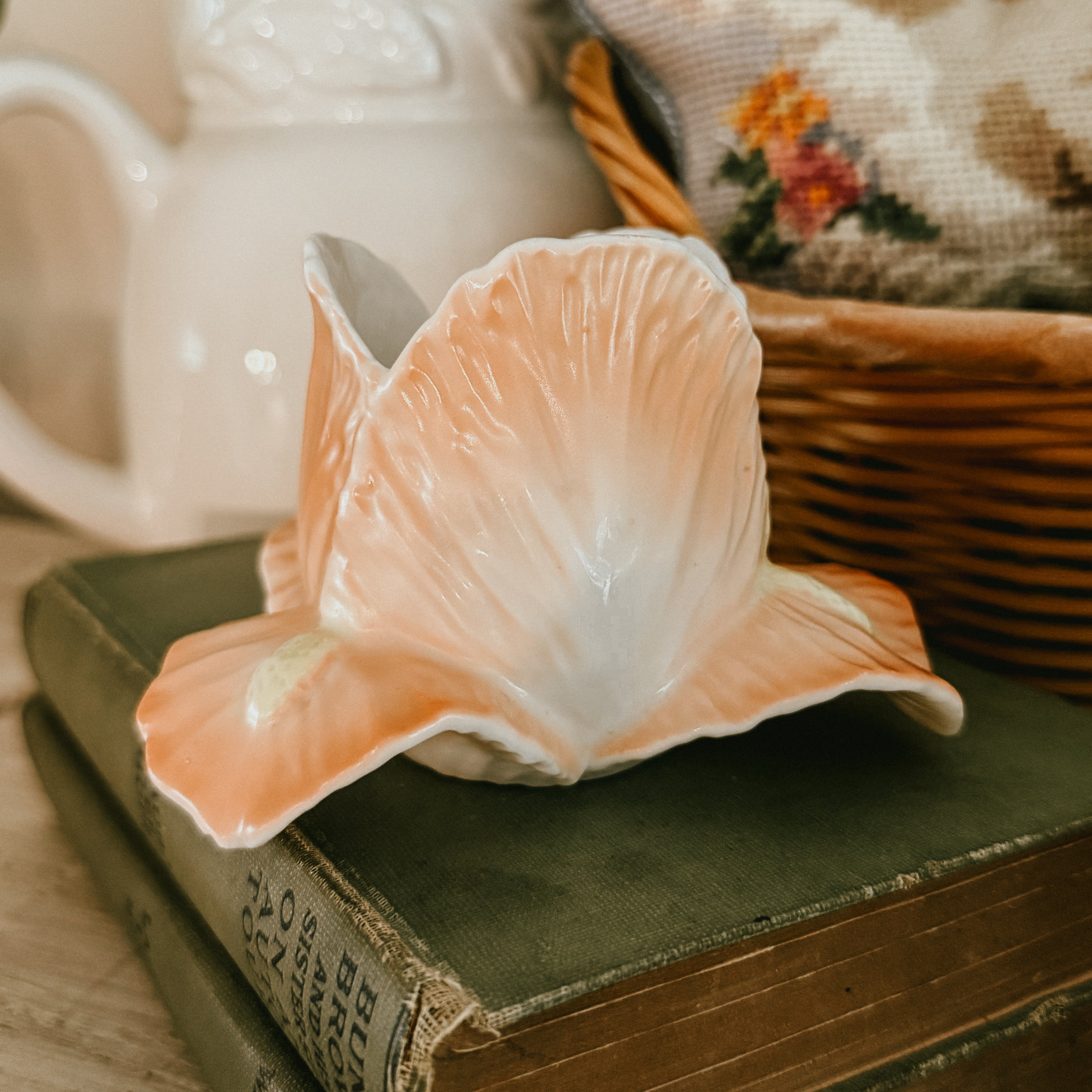 Ceramic Iris Votive Vintage Candle Holder – Peach Floral Decor