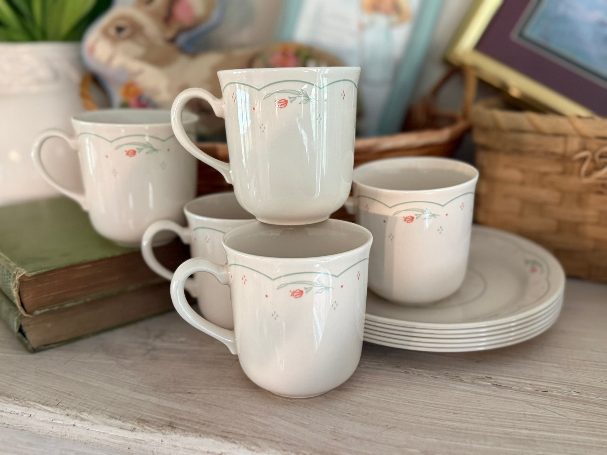 Corelle Calico Rose Vintage Stoneware Set – 10-Piece Set (5 Mugs & 5 Saucers)
