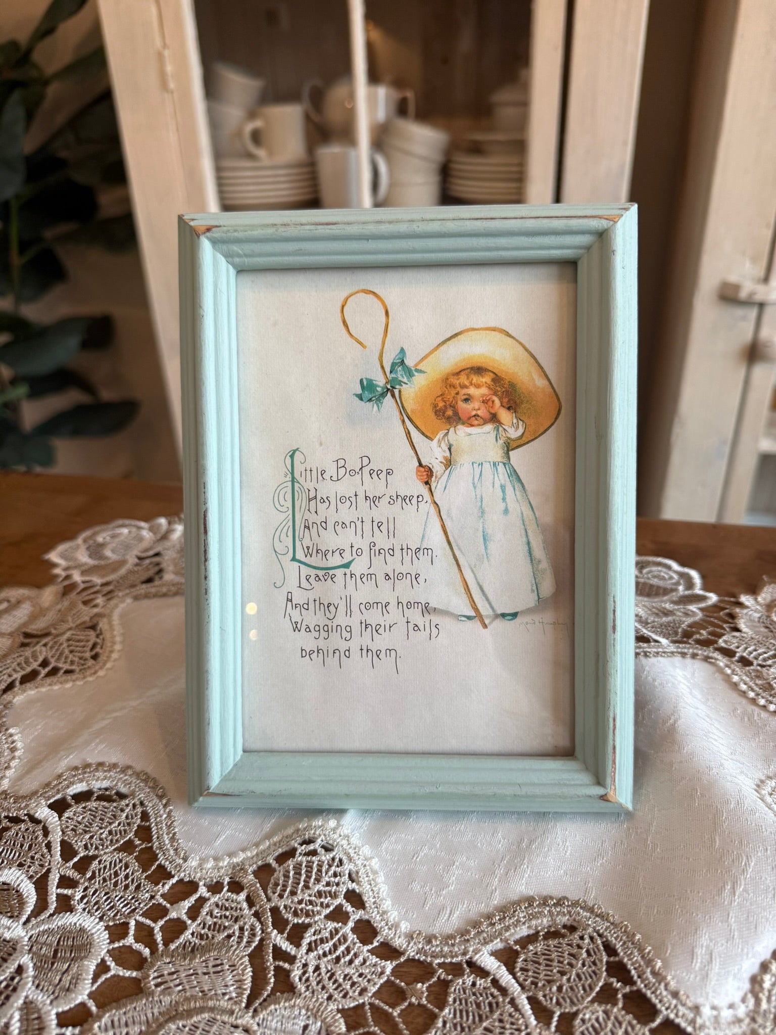 Little Bo Peep 4x6" Vintage Framed Nursery Art - Distressed Light Blue Decor