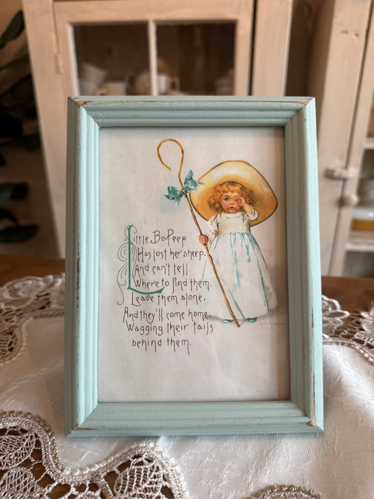 Little Bo Peep 4x6" Vintage Framed Nursery Art - Distressed Light Blue Decor