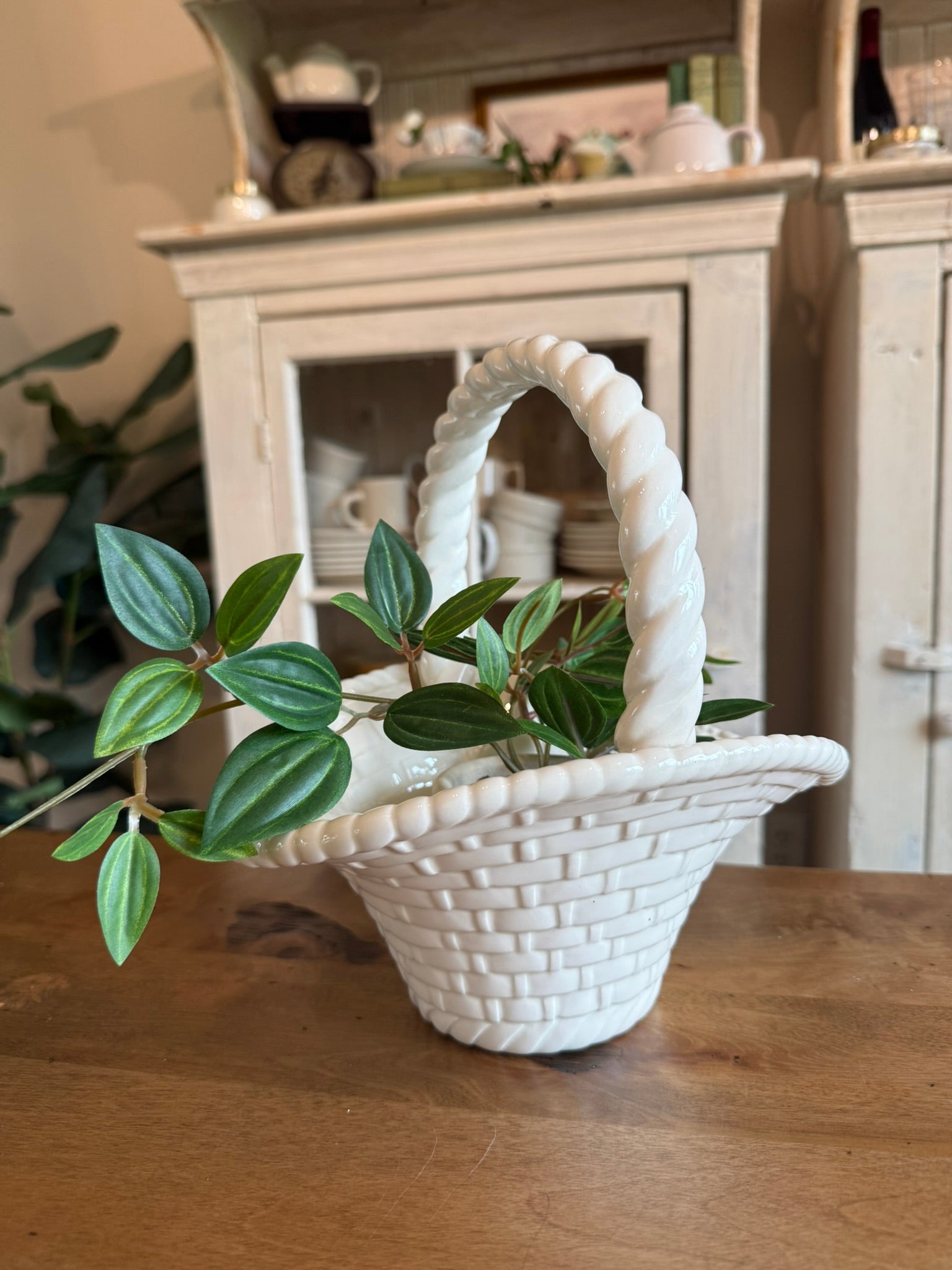 White Ceramic Vintage Basket - Hand-Woven Lattice Planter with Twisted Rope Handle