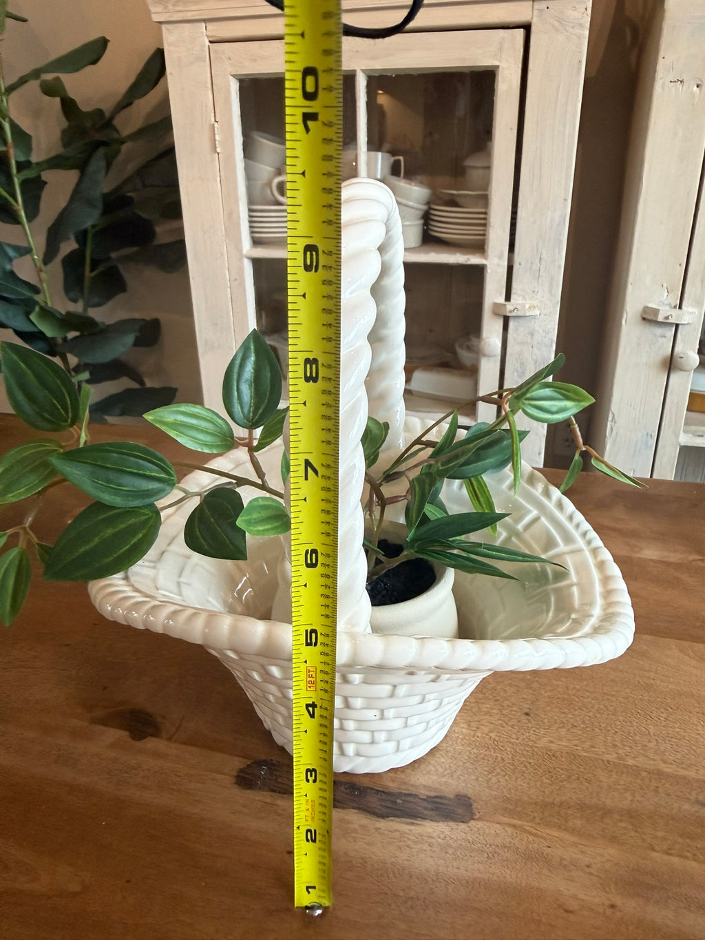 White Ceramic Vintage Basket - Hand-Woven Lattice Planter with Twisted Rope Handle