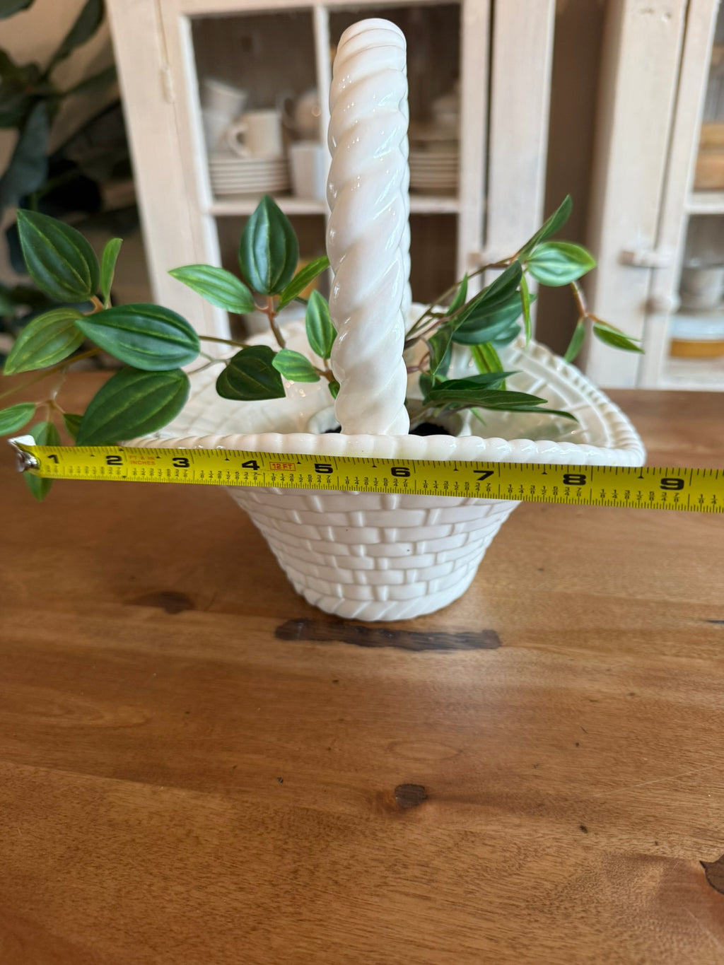White Ceramic Vintage Basket - Hand-Woven Lattice Planter with Twisted Rope Handle