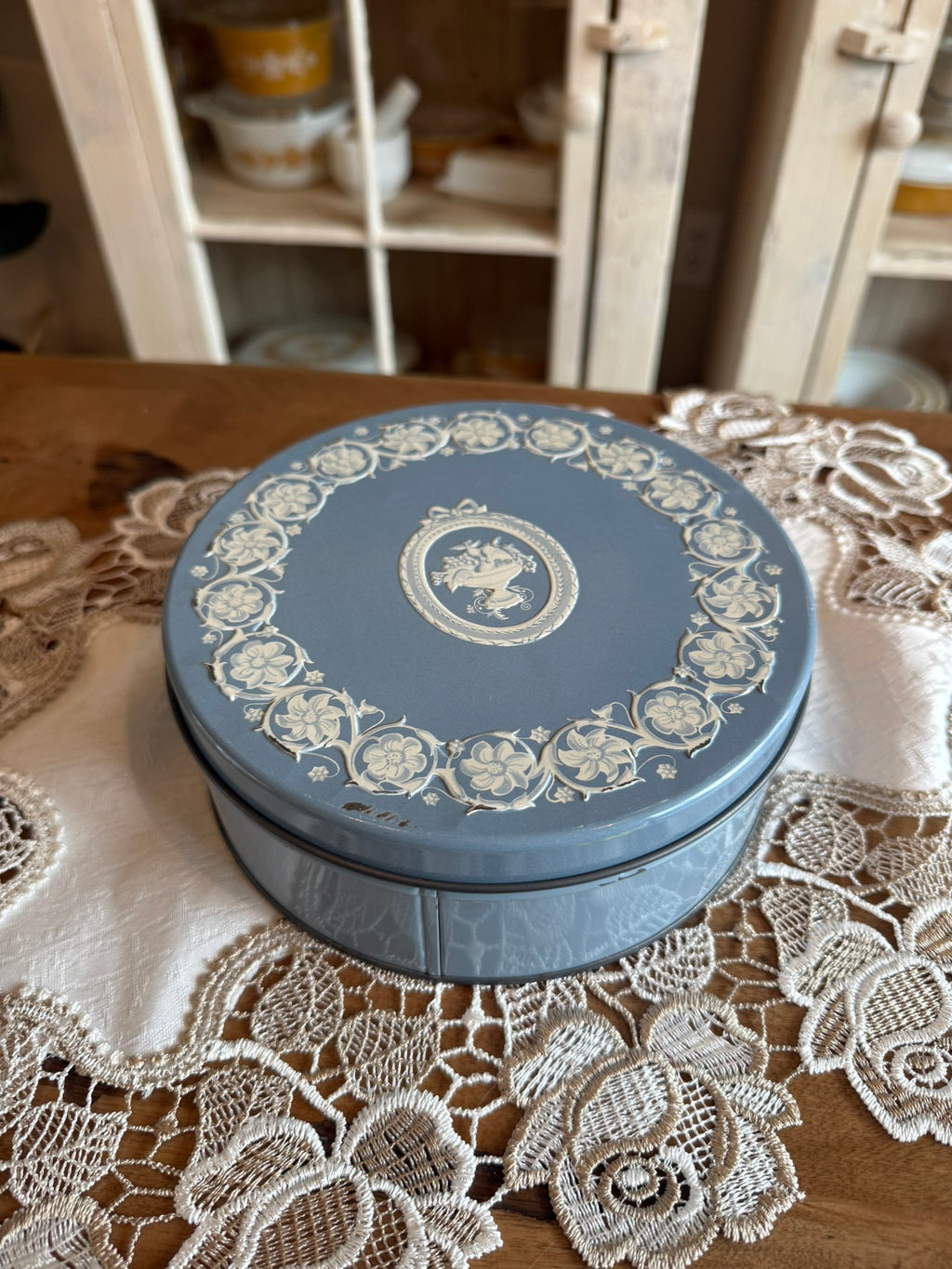 Vintage Wedgwood-Style Round Metal Tin – Pale Blue with Floral Neoclassical Relief