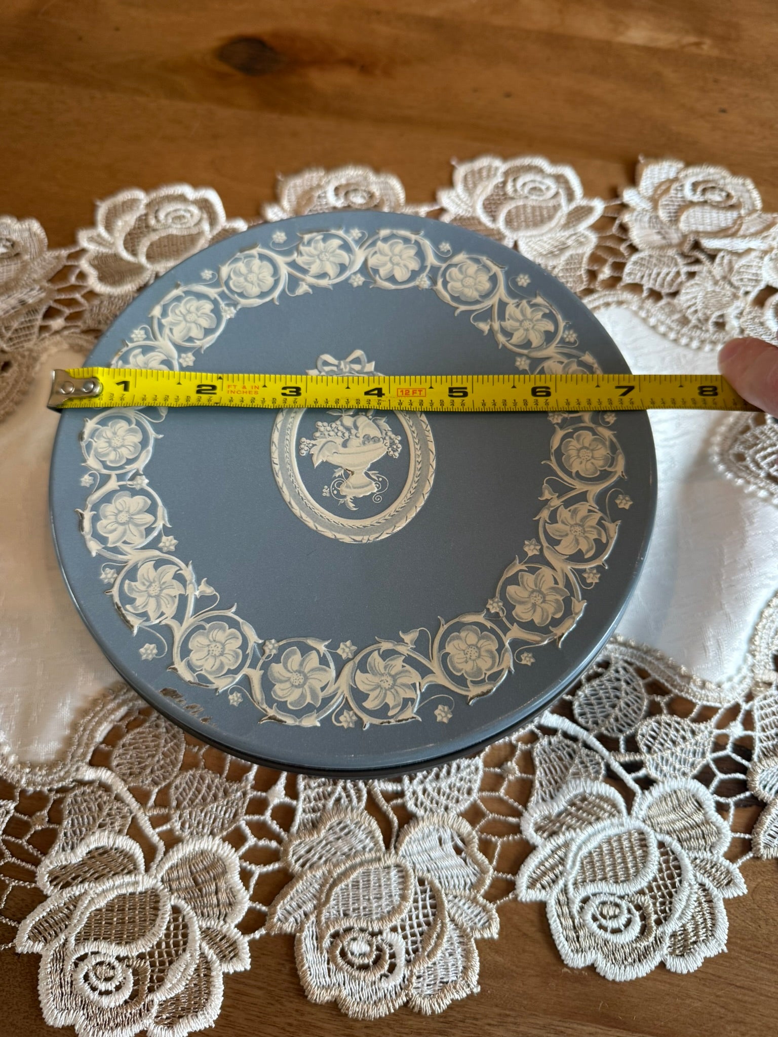 Vintage Wedgwood-Style Round Metal Tin – Pale Blue with Floral Neoclassical Relief
