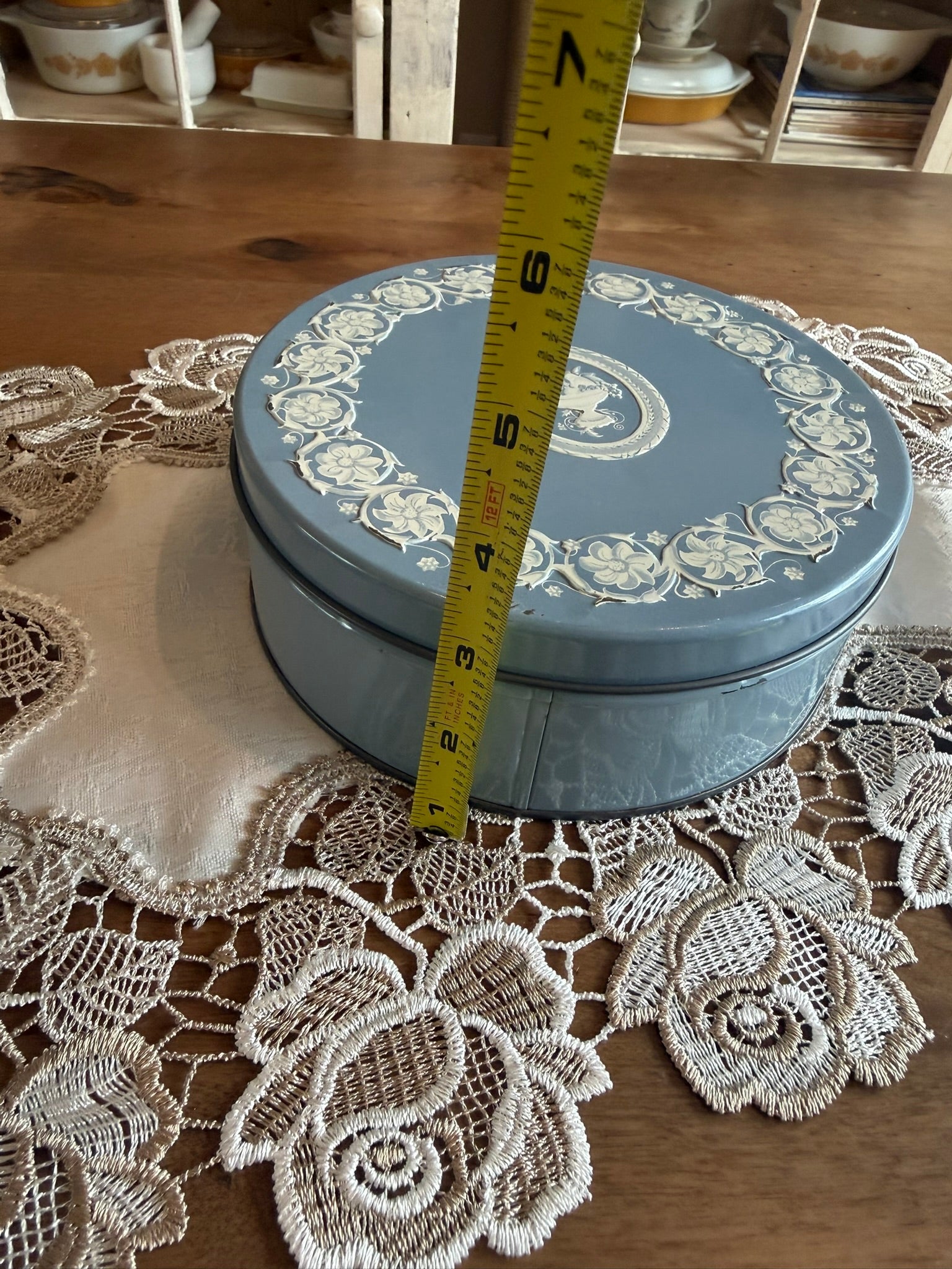 Vintage Wedgwood-Style Round Metal Tin – Pale Blue with Floral Neoclassical Relief