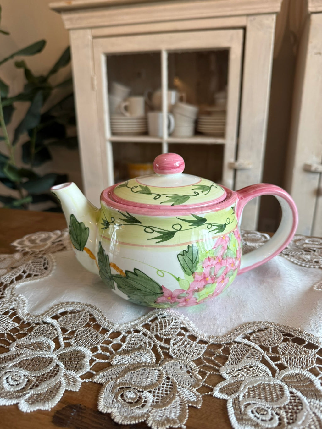Spring Floral Ceramic Vintage Teapot – Whimsical Pink, Green, and Yellow Botanical Design