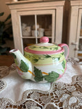 Spring Floral Ceramic Vintage Teapot – Whimsical Pink, Green, and Yellow Botanical Design