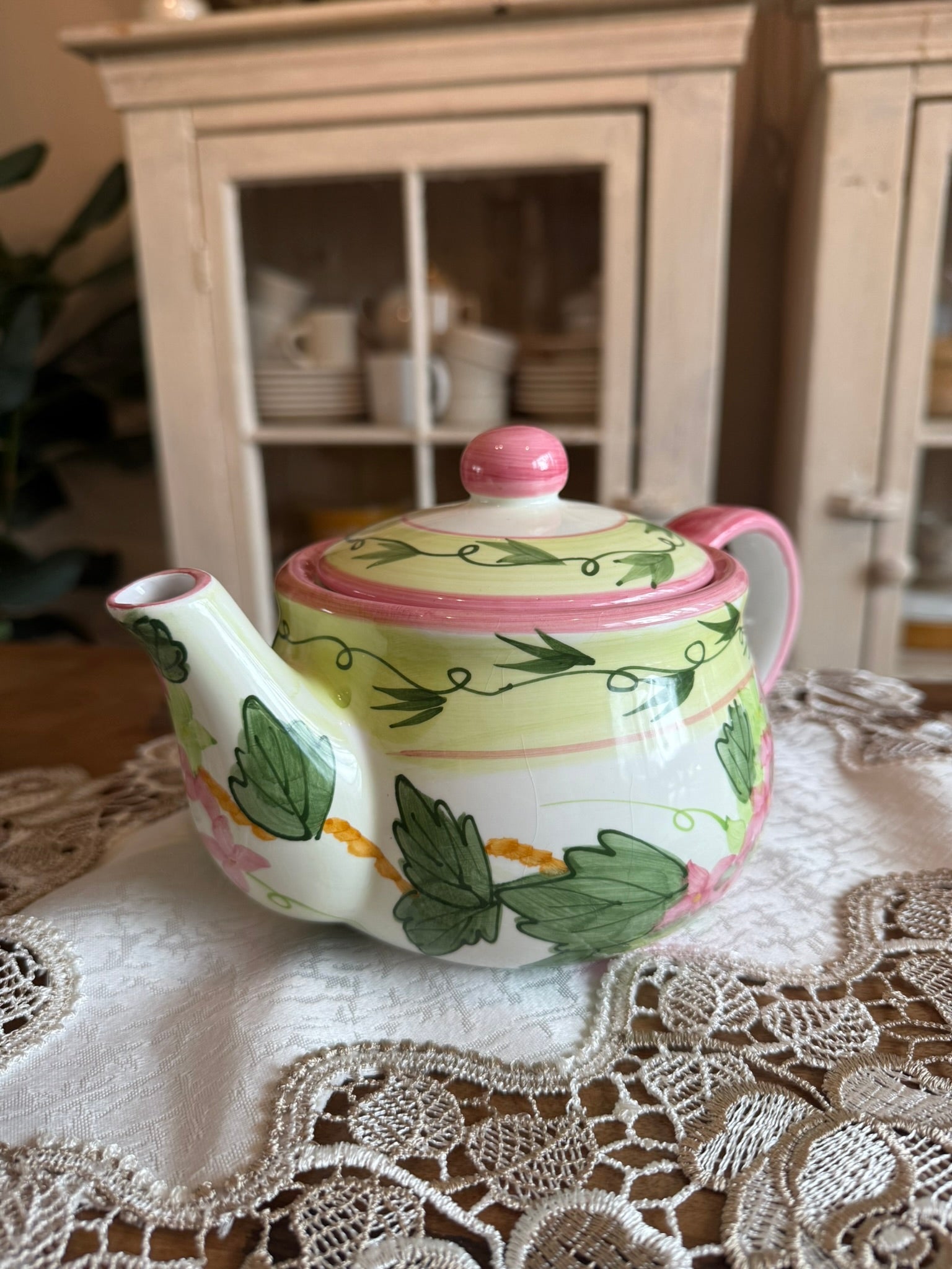 Spring Floral Ceramic Vintage Teapot – Whimsical Pink, Green, and Yellow Botanical Design
