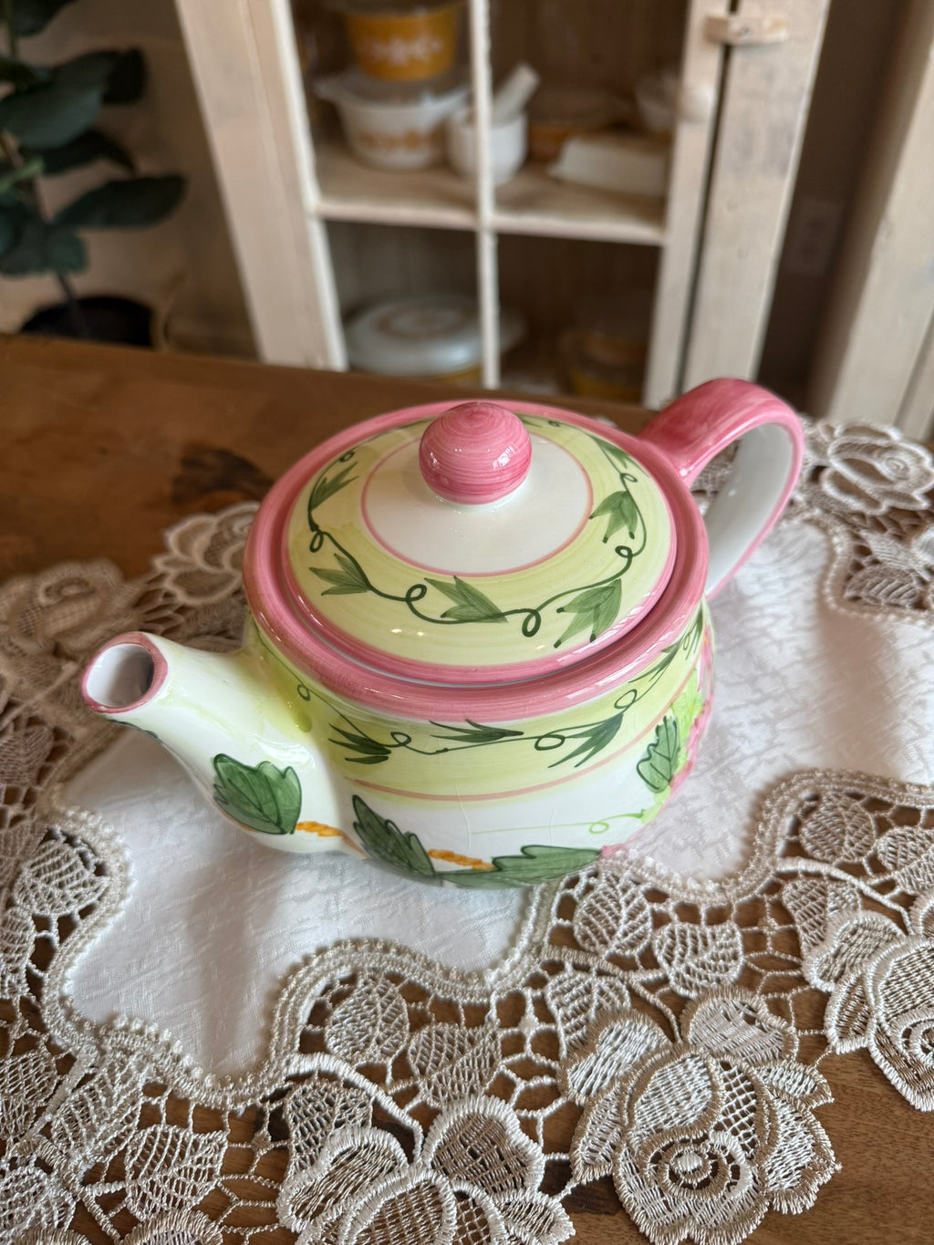 Spring Floral Ceramic Vintage Teapot – Whimsical Pink, Green, and Yellow Botanical Design