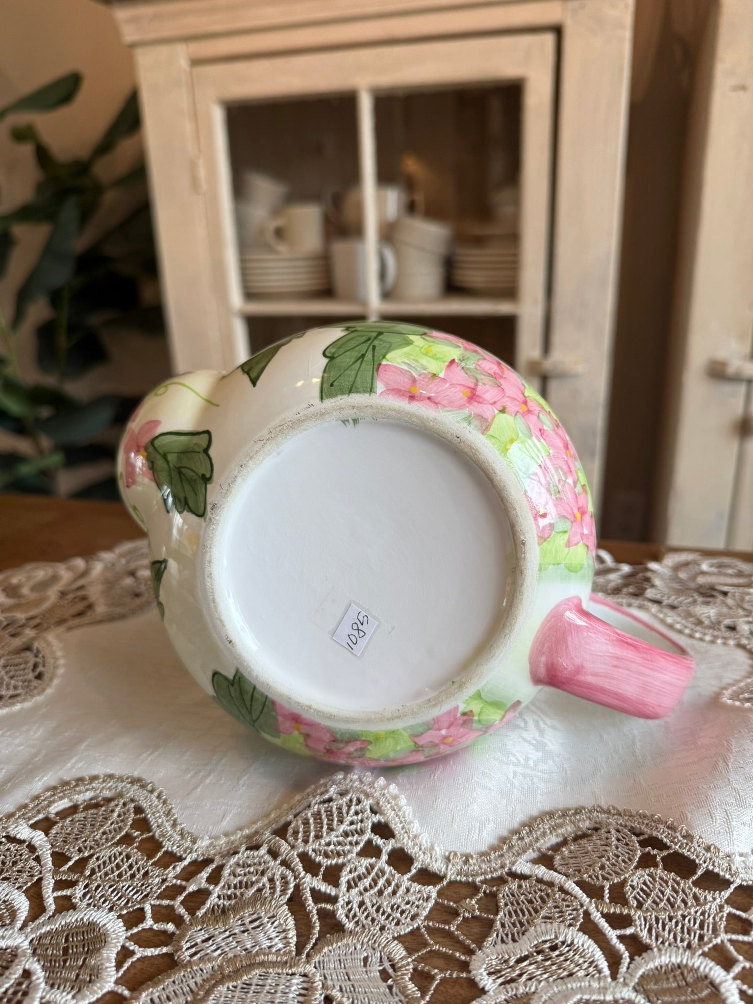 Spring Floral Ceramic Vintage Teapot – Whimsical Pink, Green, and Yellow Botanical Design