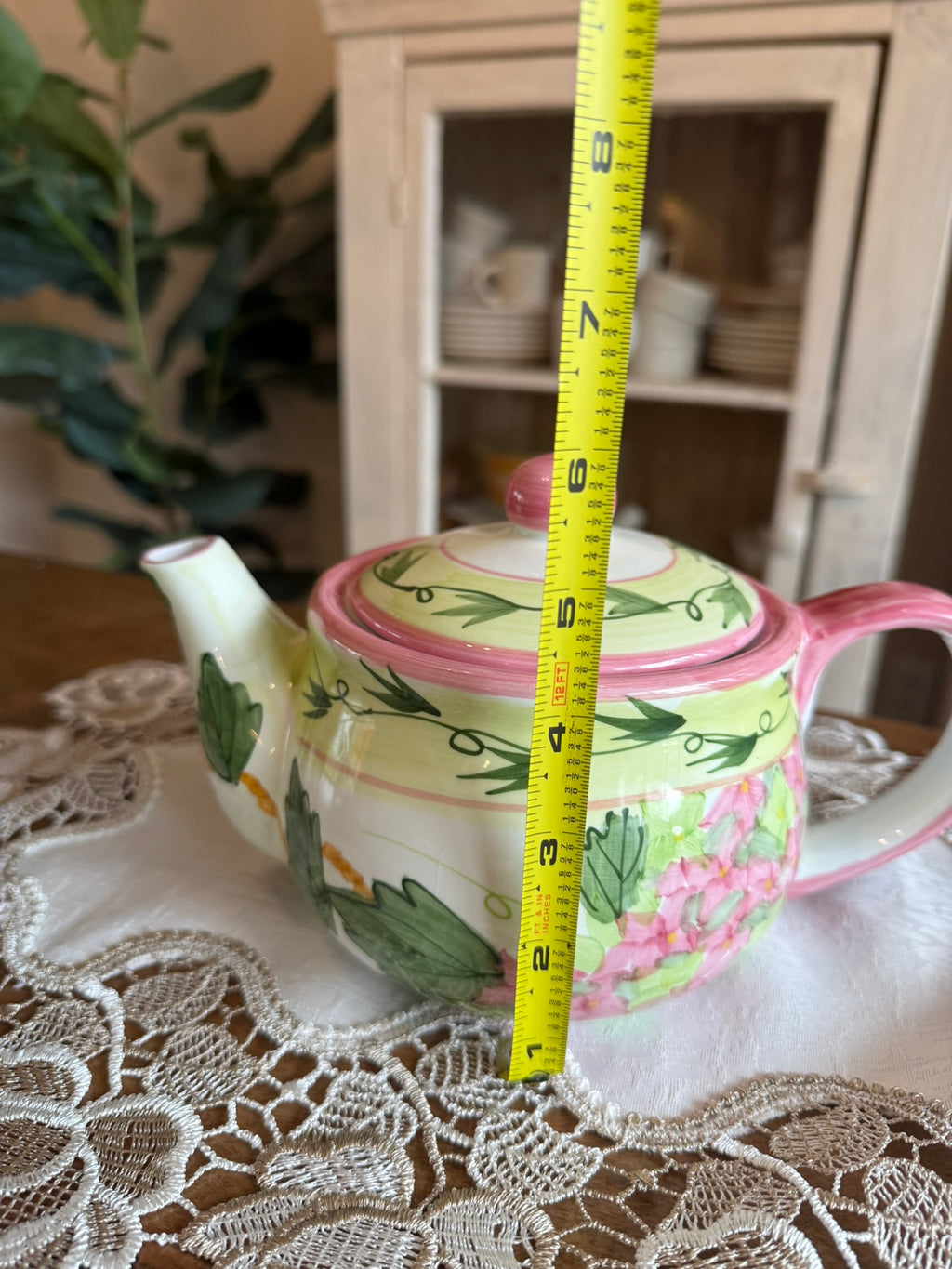 Spring Floral Ceramic Vintage Teapot – Whimsical Pink, Green, and Yellow Botanical Design