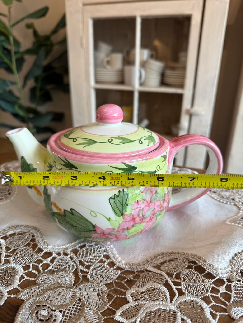 Spring Floral Ceramic Vintage Teapot – Whimsical Pink, Green, and Yellow Botanical Design