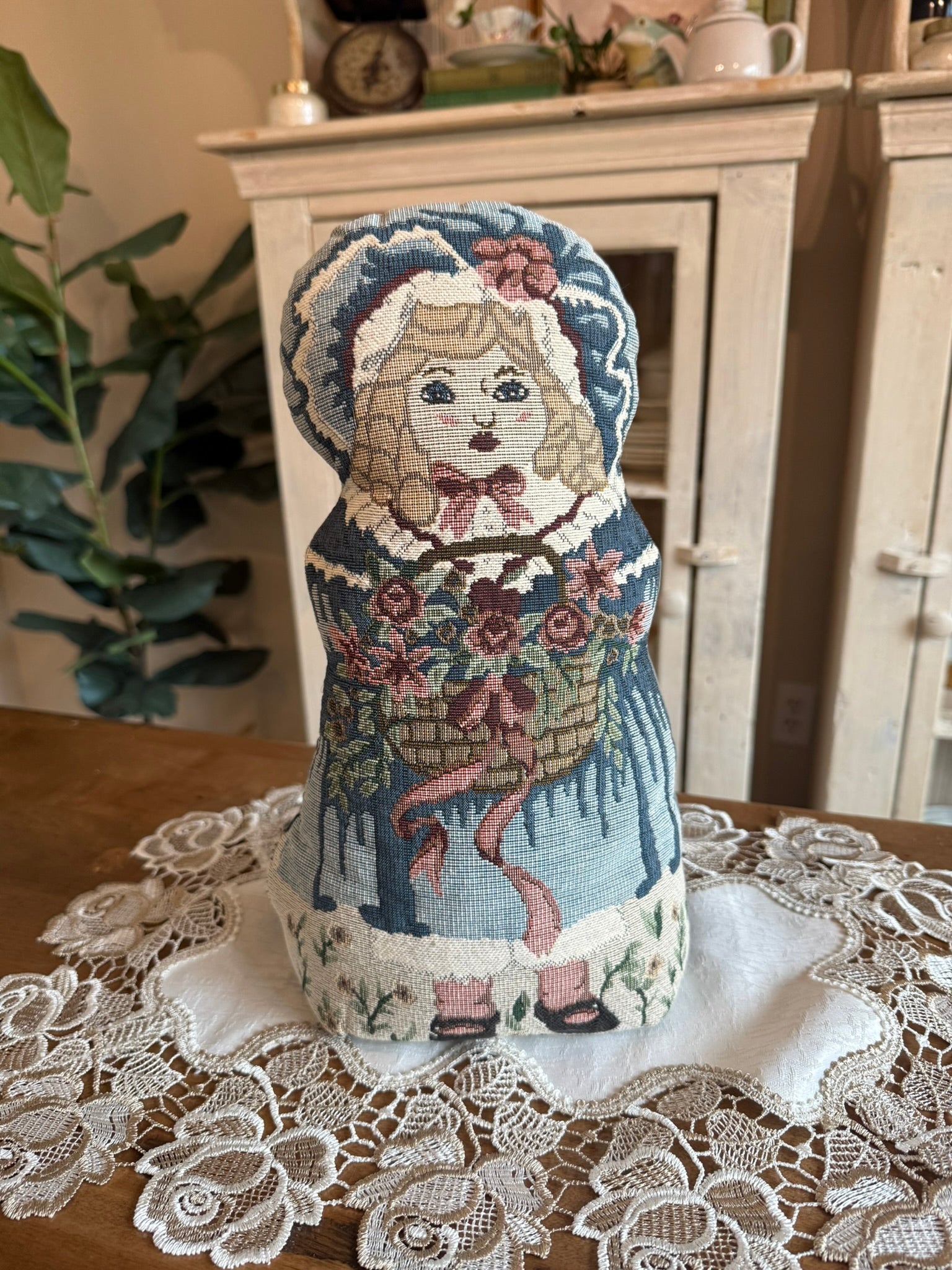 Victorian Vintage Tapestry Doll  Weighted Fabric Figurine with Flower Basket - Doorstop or Decor Accent