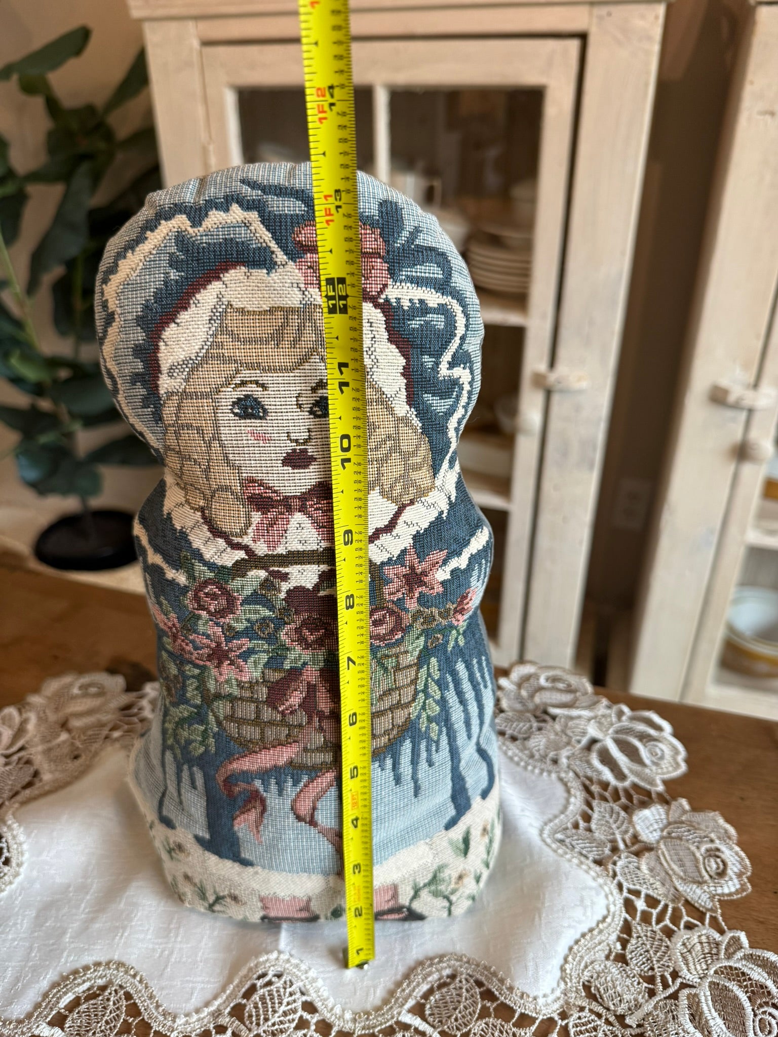 Victorian Vintage Tapestry Doll  Weighted Fabric Figurine with Flower Basket - Doorstop or Decor Accent