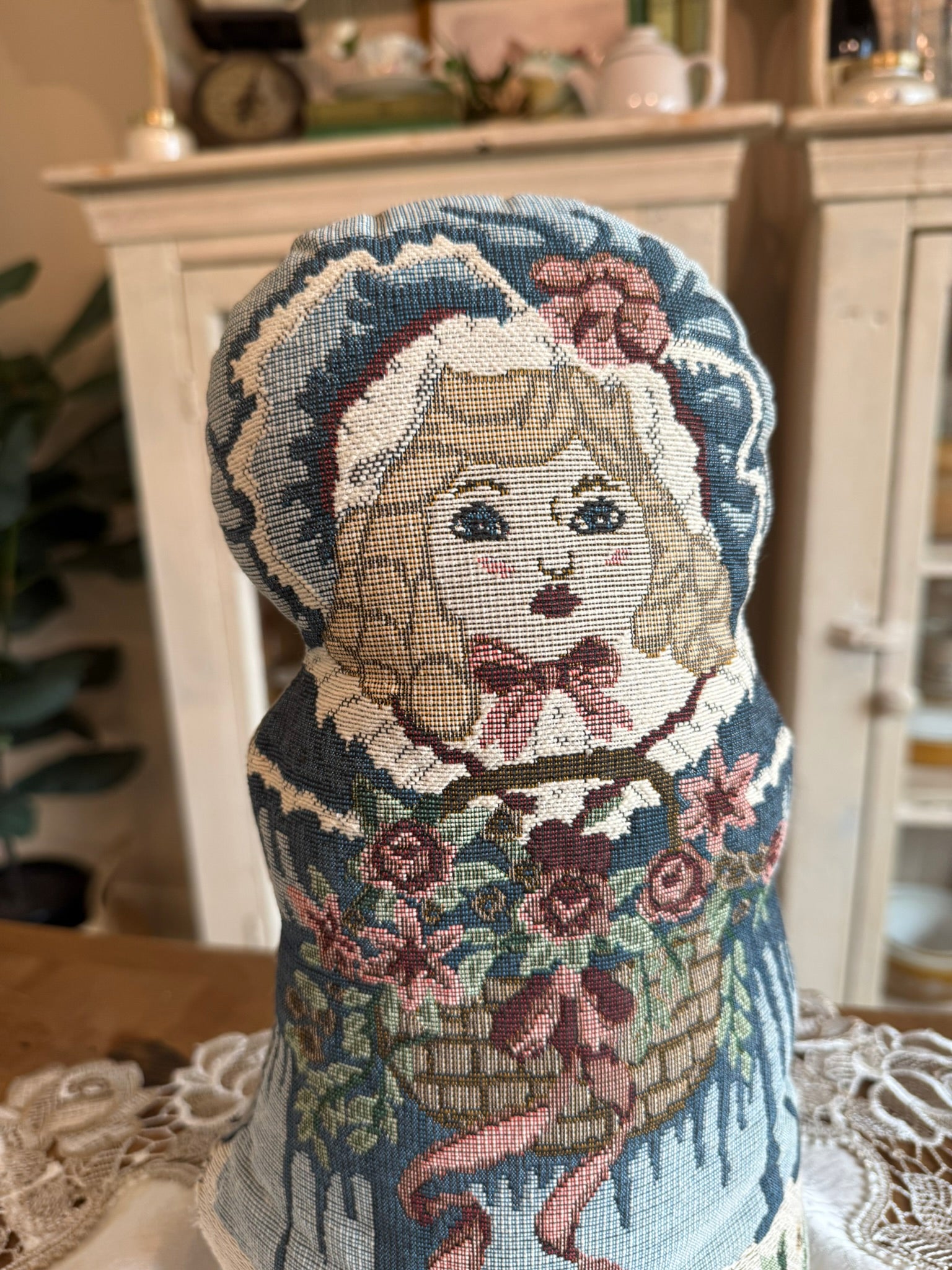 Victorian Vintage Tapestry Doll  Weighted Fabric Figurine with Flower Basket - Doorstop or Decor Accent