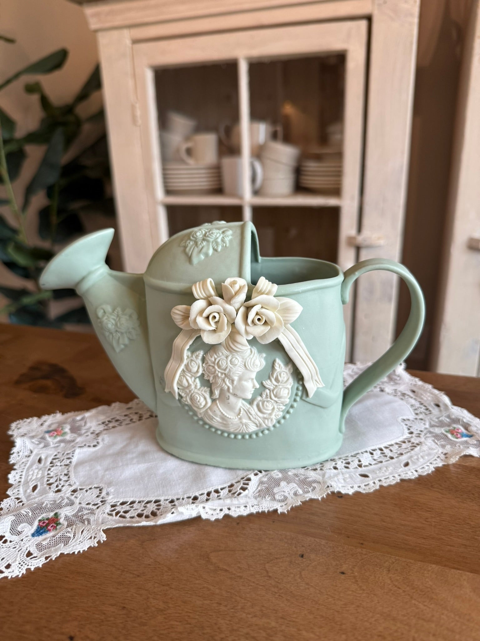 Sage Green Ceramic Watering Can Planter with Cameo and Roses Relief - Vintage