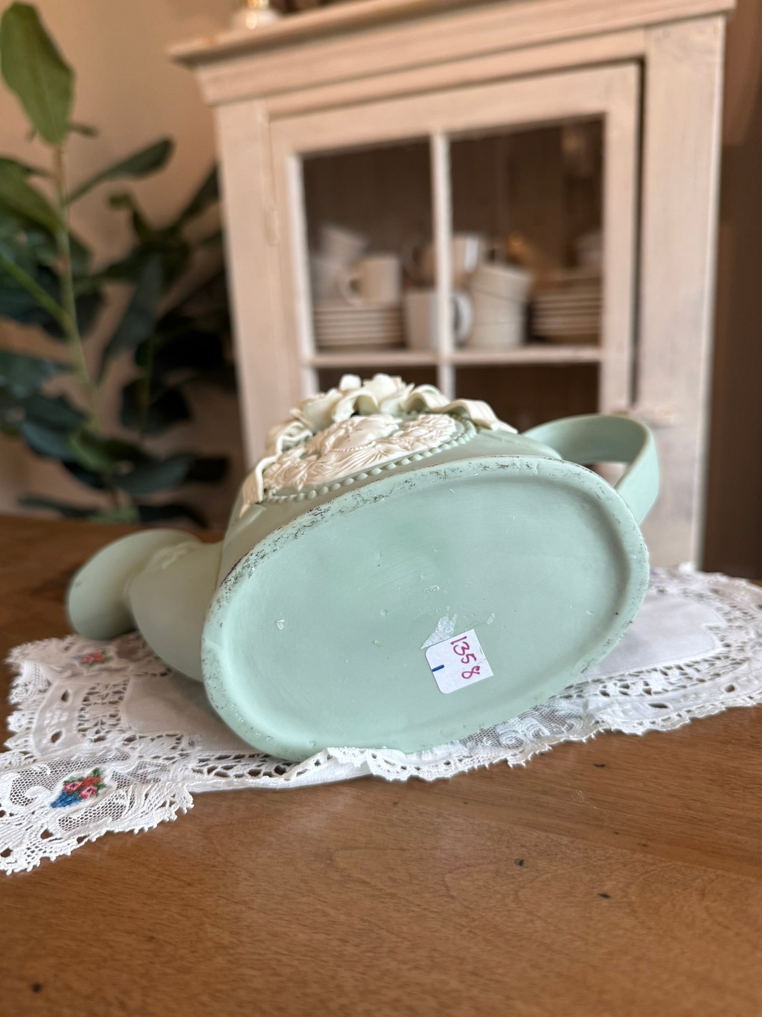 Sage Green Ceramic Watering Can Planter with Cameo and Roses Relief - Vintage