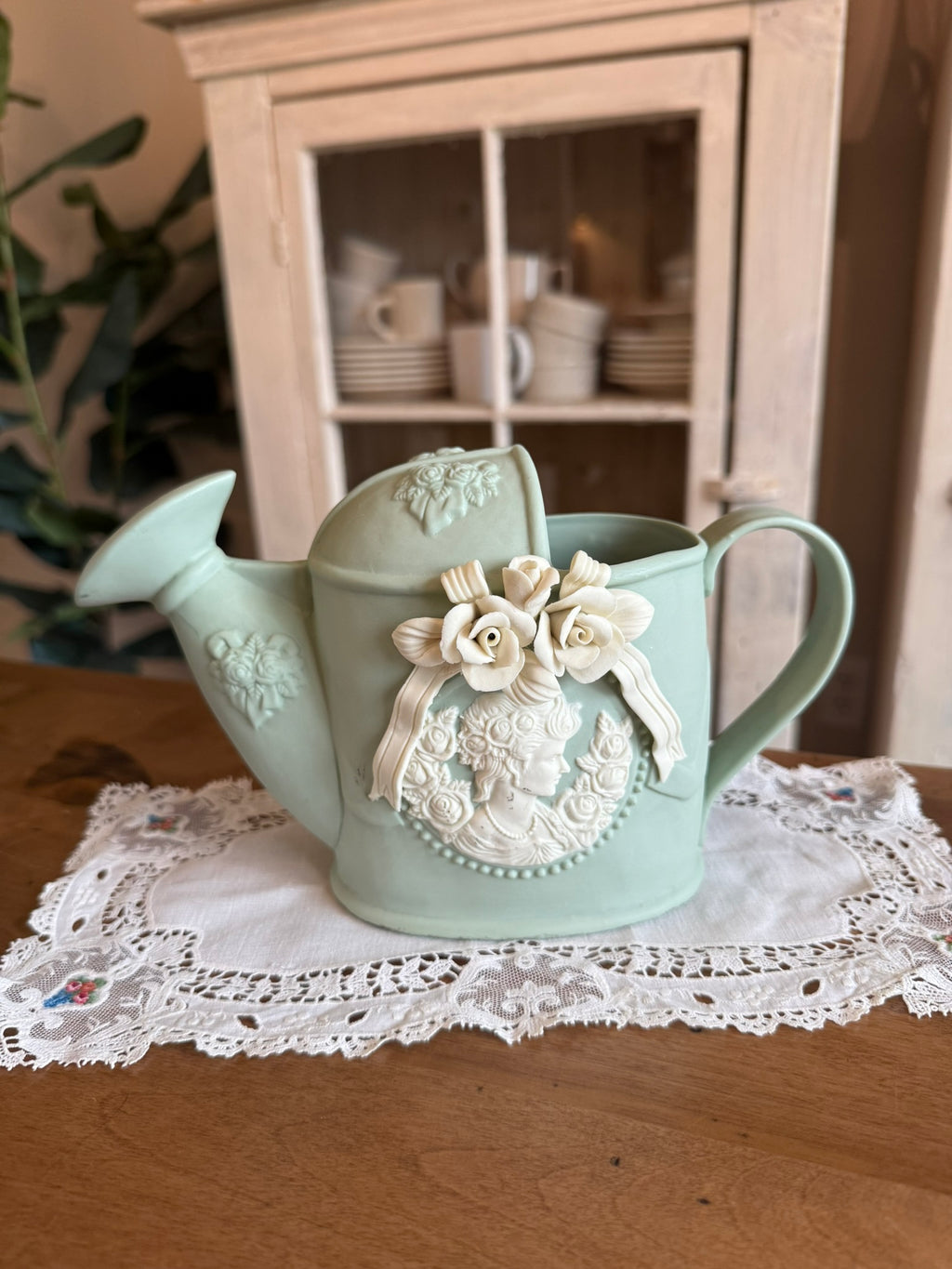 Sage Green Ceramic Watering Can Planter with Cameo and Roses Relief - Vintage