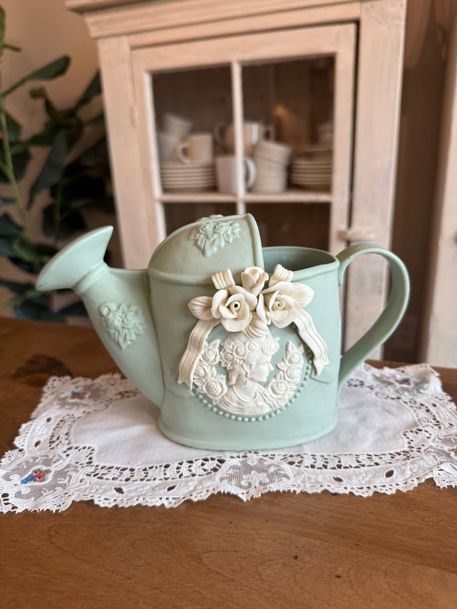 Sage Green Ceramic Watering Can Planter with Cameo and Roses Relief - Vintage