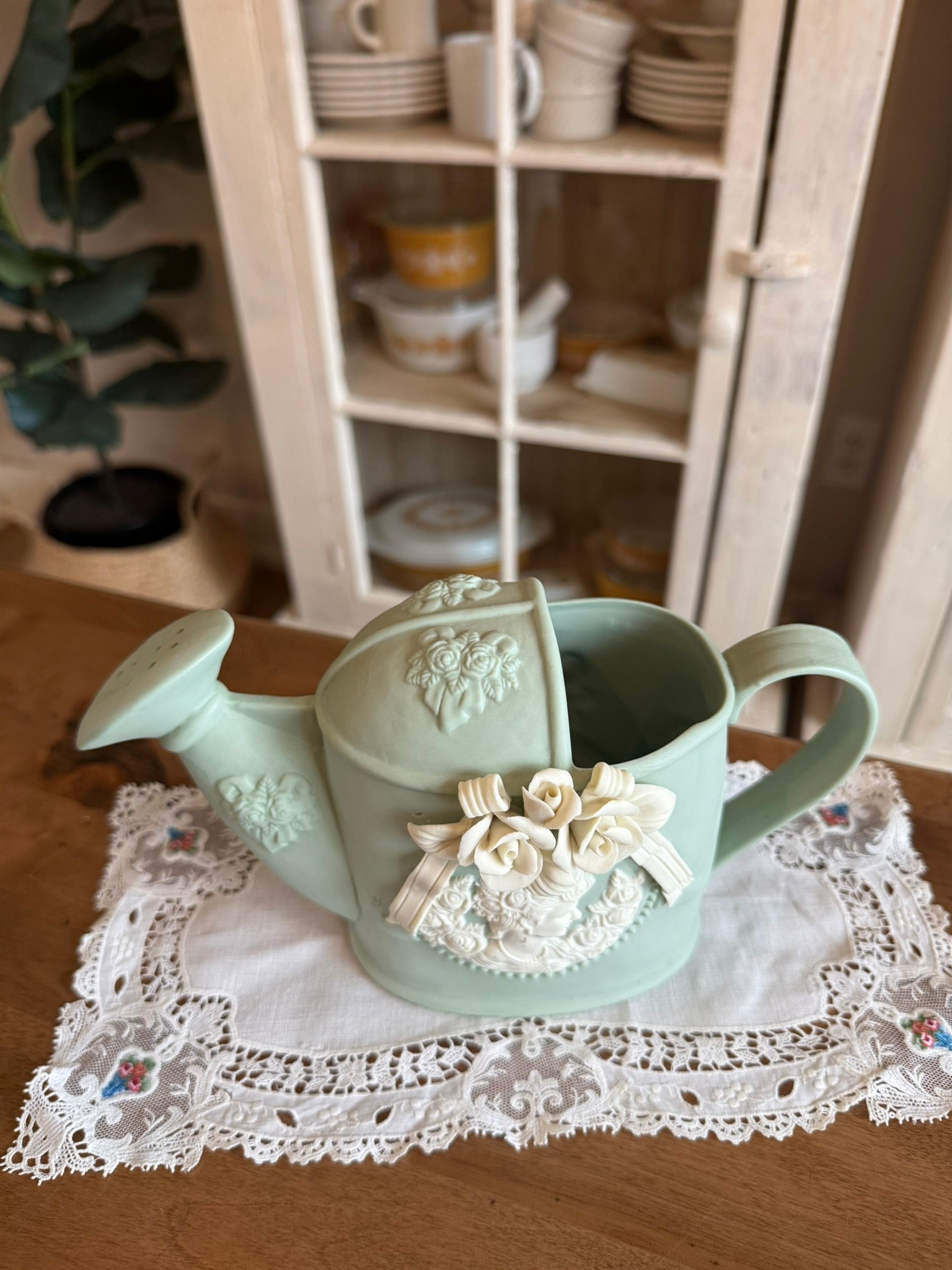 Sage Green Ceramic Watering Can Planter with Cameo and Roses Relief - Vintage
