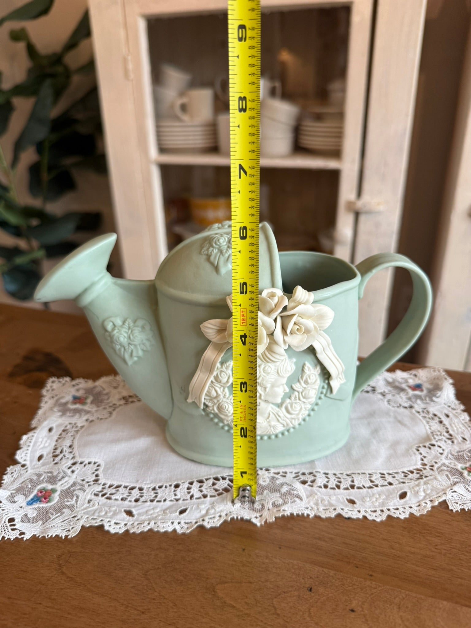 Sage Green Ceramic Watering Can Planter with Cameo and Roses Relief - Vintage