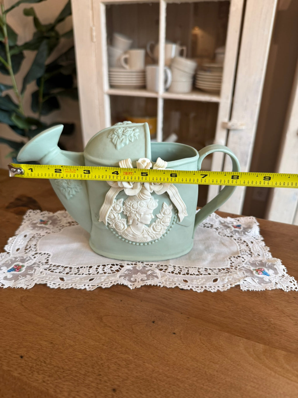 Sage Green Ceramic Watering Can Planter with Cameo and Roses Relief - Vintage