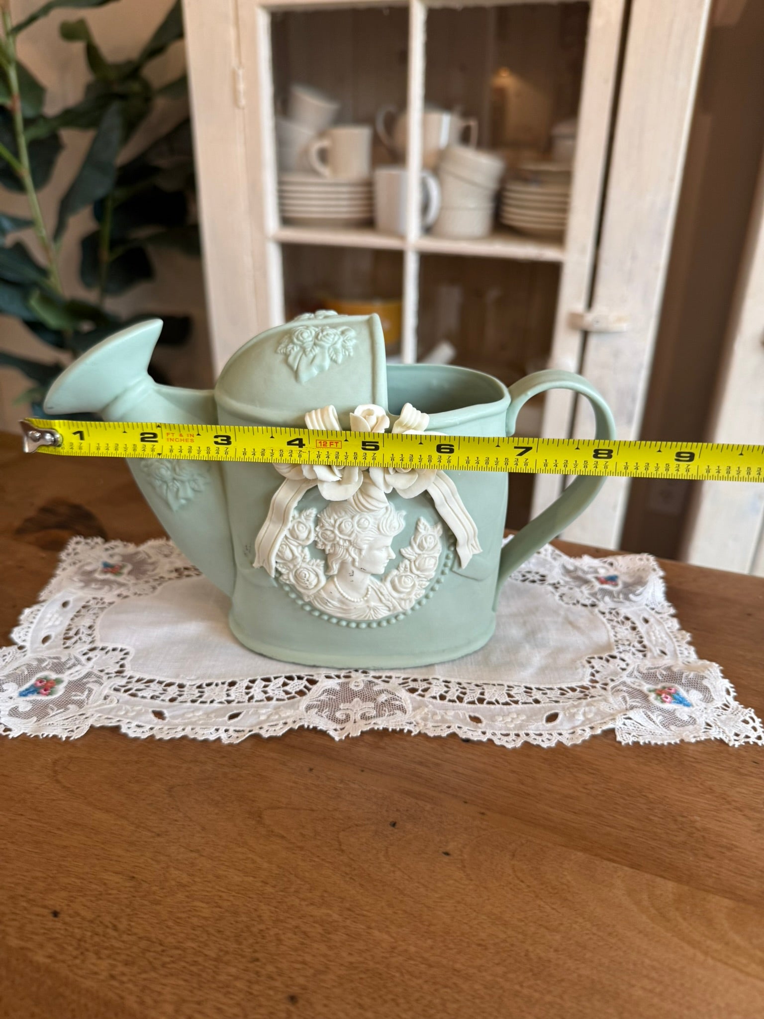 Sage Green Ceramic Watering Can Planter with Cameo and Roses Relief - Vintage
