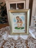 Mid-Century Nursery Vintage Art Print – Big Sister Helping Baby Walk in Gold Bead Frame