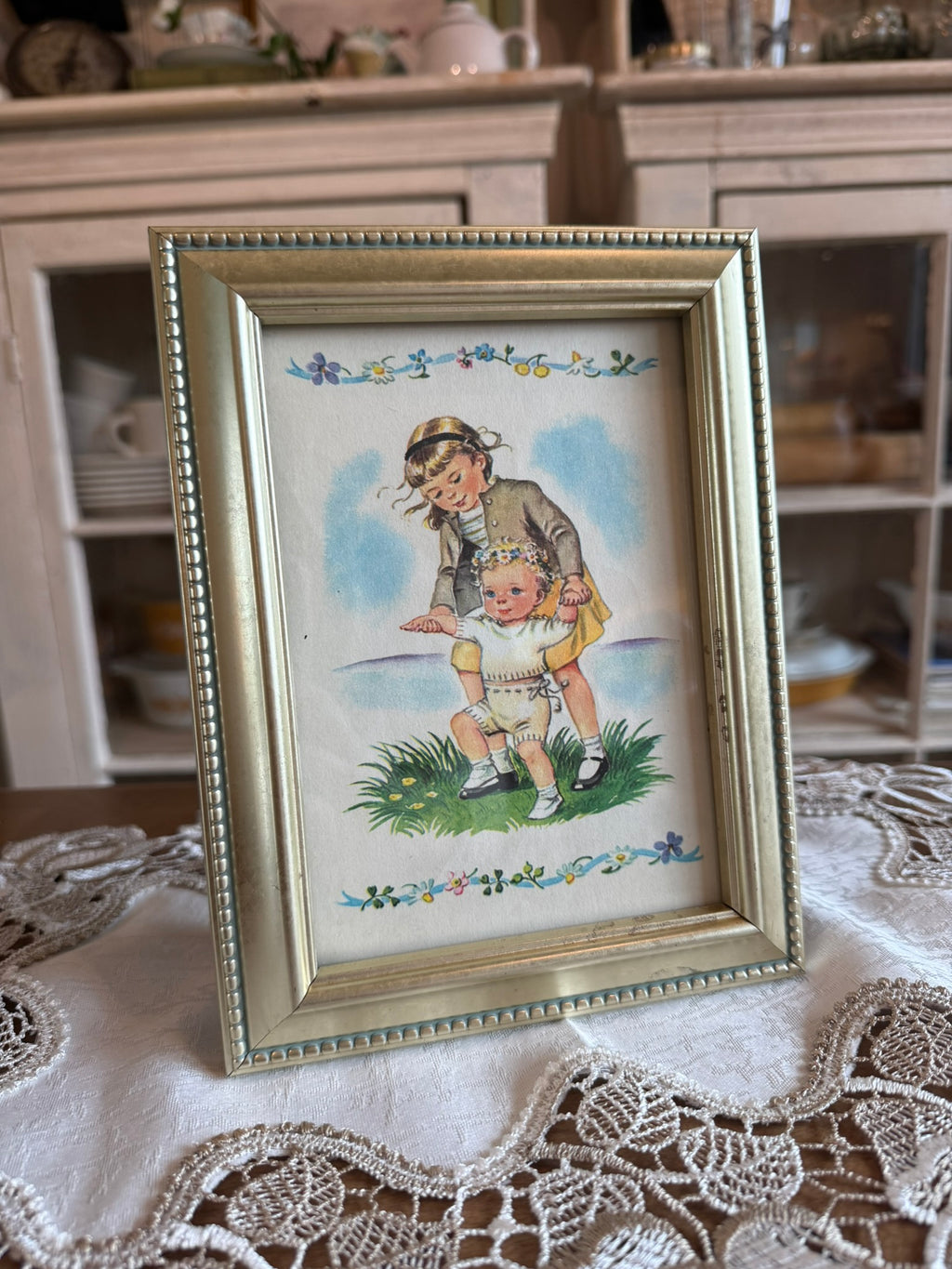 Mid-Century Nursery Vintage Art Print – Big Sister Helping Baby Walk in Gold Bead Frame