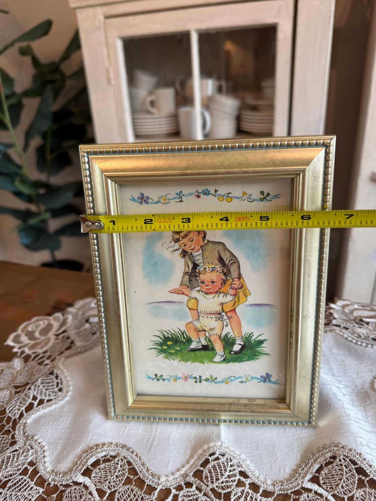 Mid-Century Nursery Vintage Art Print – Big Sister Helping Baby Walk in Gold Bead Frame