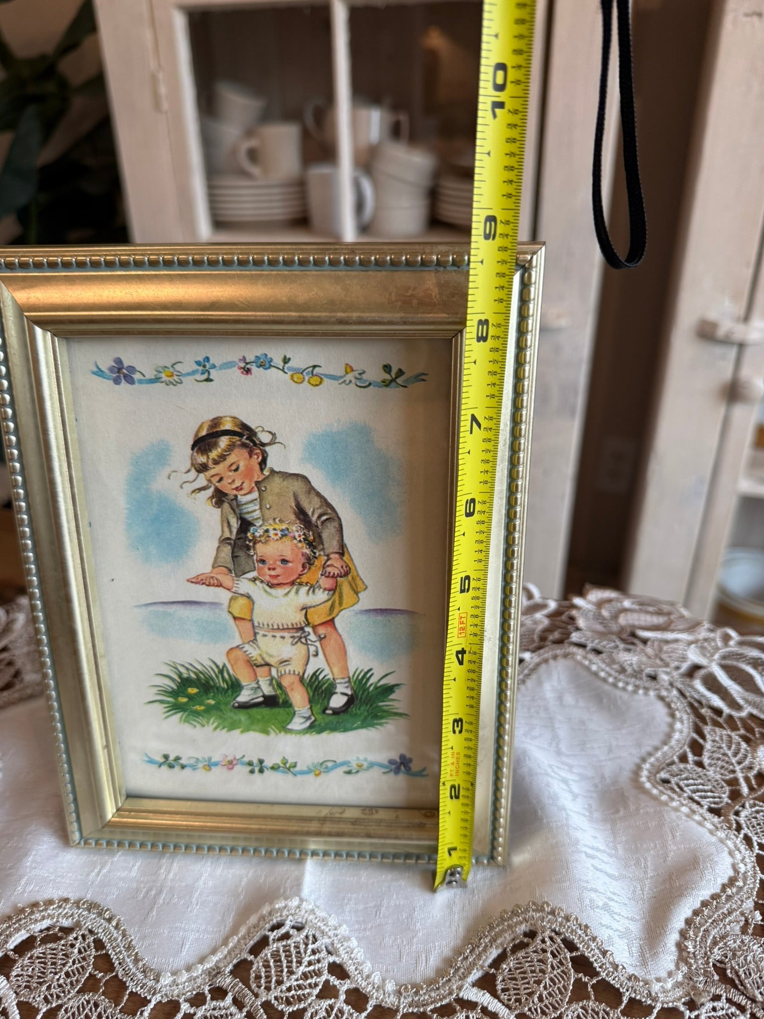Mid-Century Nursery Vintage Art Print – Big Sister Helping Baby Walk in Gold Bead Frame