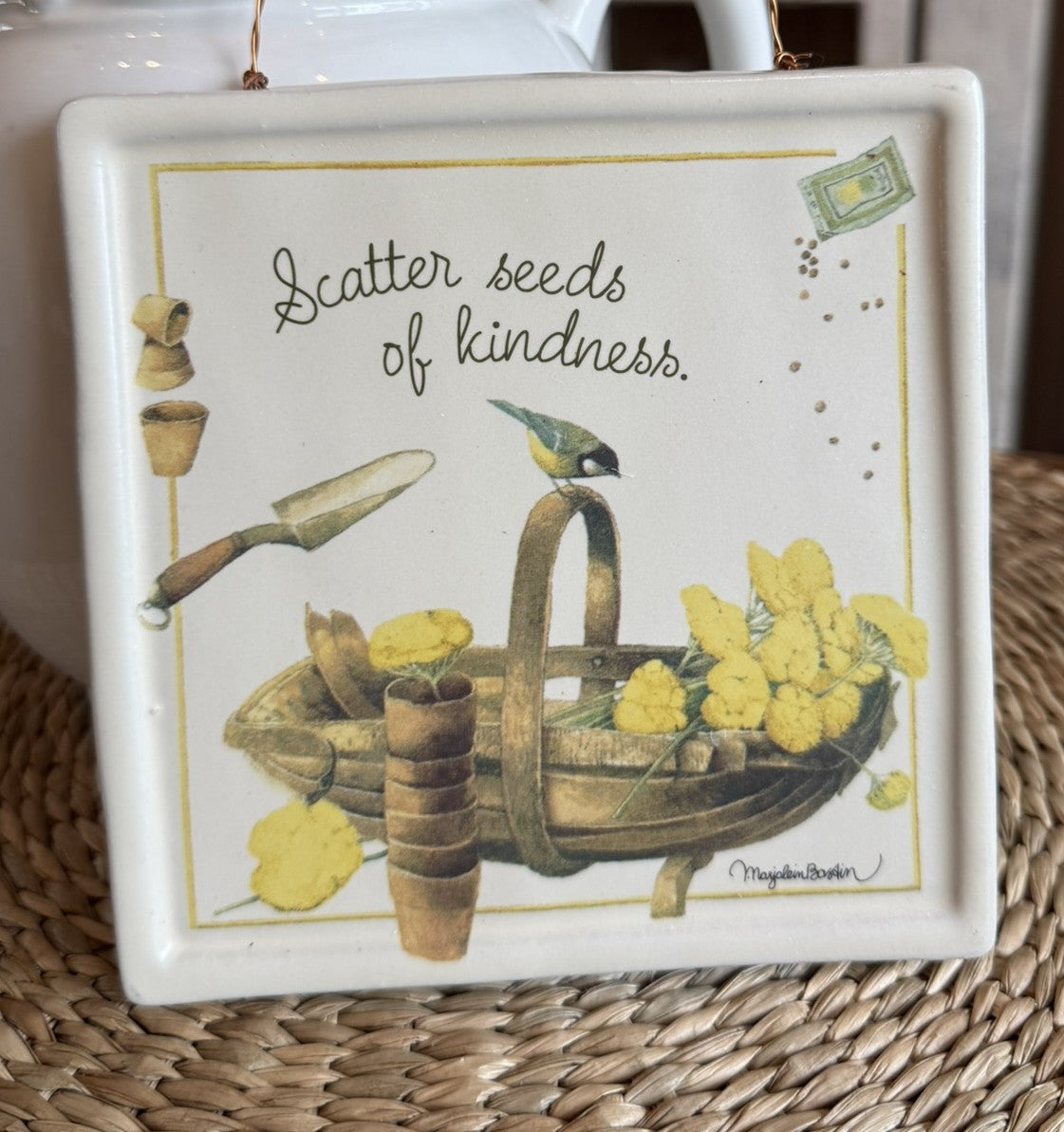 Marjolein Bastin "Scatter Seeds of Kindness" Vintage Ceramic Wall Tile – 6" x 6" Hallmark Nature's Sketchbook