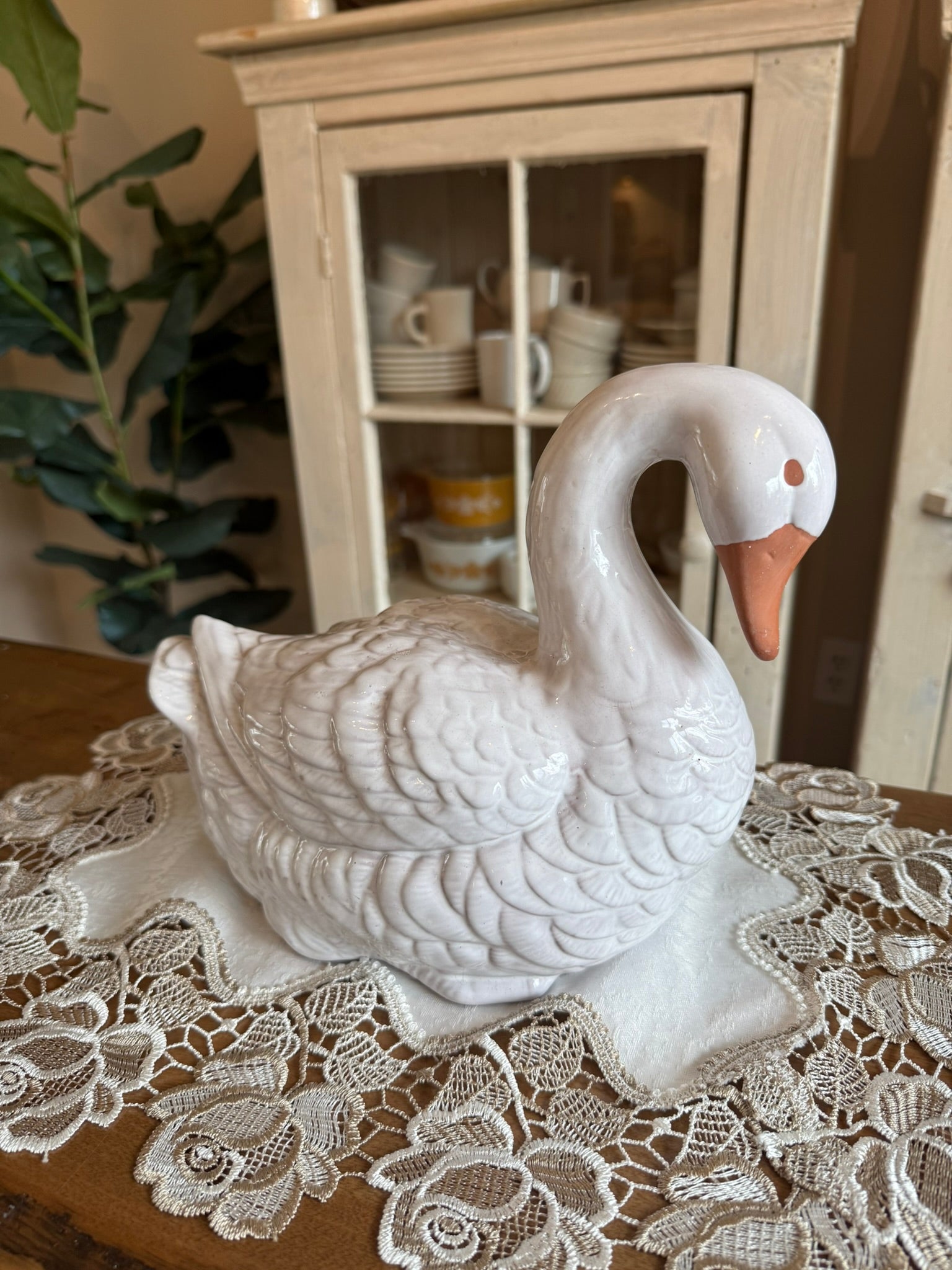 White Glazed Ceramic Goose Vintage Figurine – 9" Tall Farmhouse Cottagecore Decor