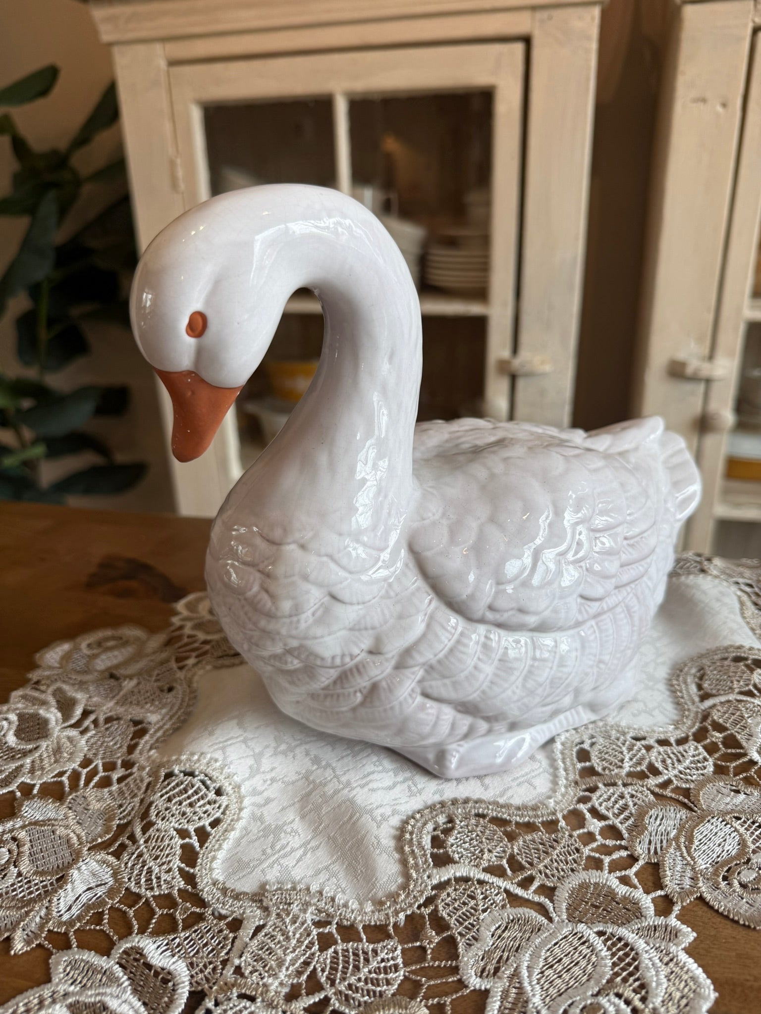 White Glazed Ceramic Goose Vintage Figurine – 9" Tall Farmhouse Cottagecore Decor