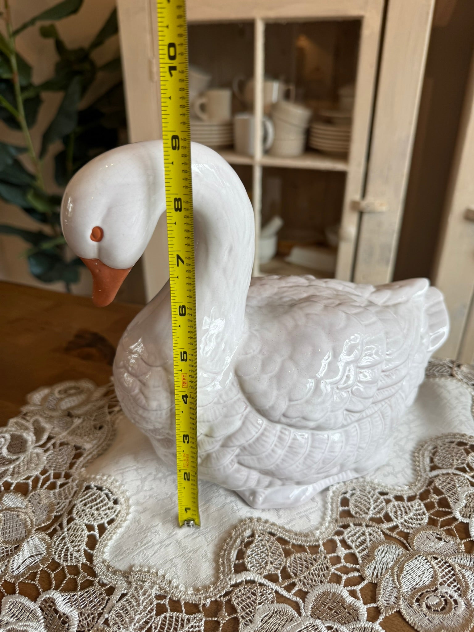 White Glazed Ceramic Goose Vintage Figurine – 9" Tall Farmhouse Cottagecore Decor
