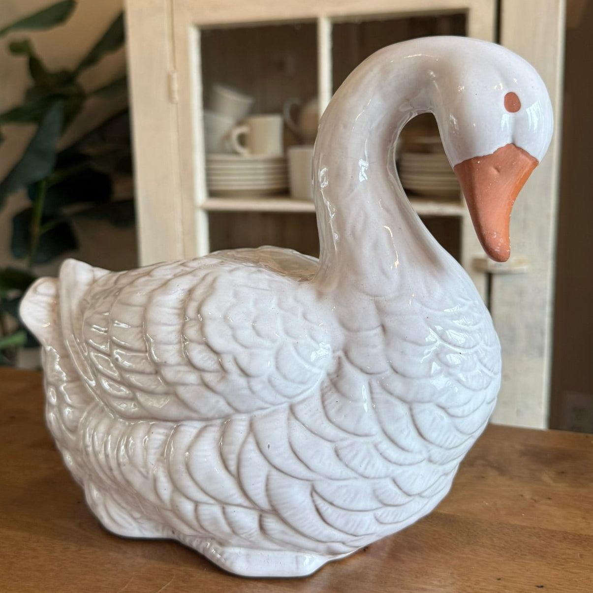 White Glazed Ceramic Goose Vintage Figurine – 9" Tall Farmhouse Cottagecore Decor