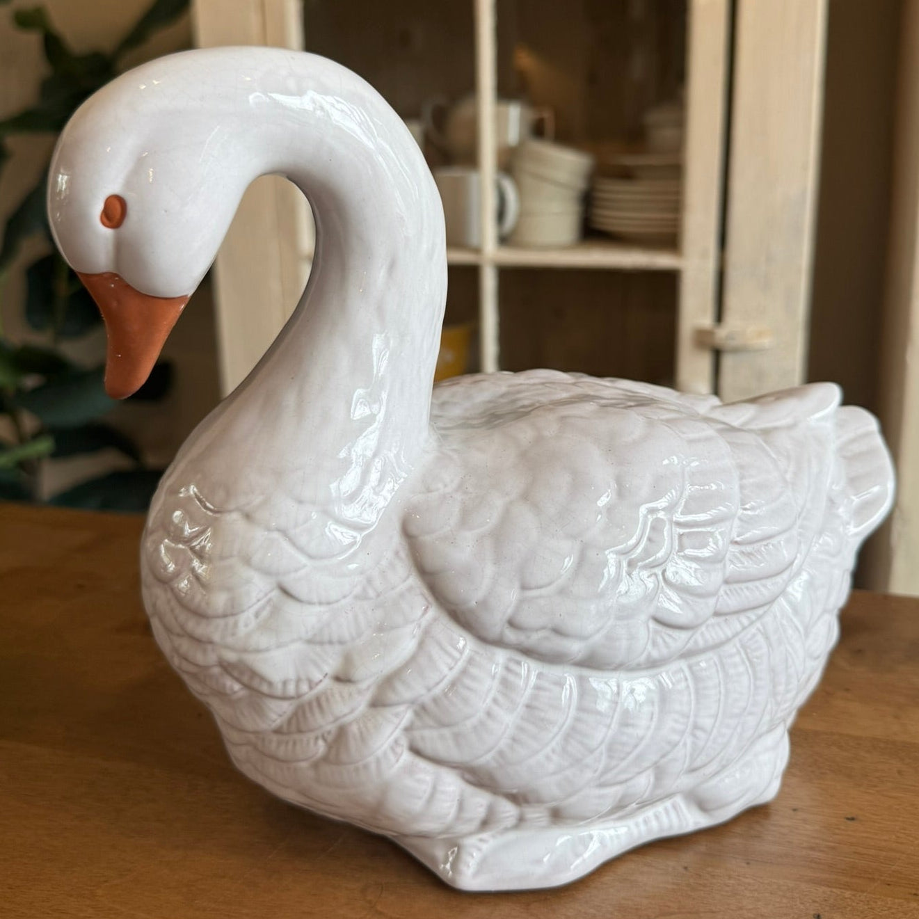 White Glazed Ceramic Goose Vintage Figurine – 9" Tall Farmhouse Cottagecore Decor