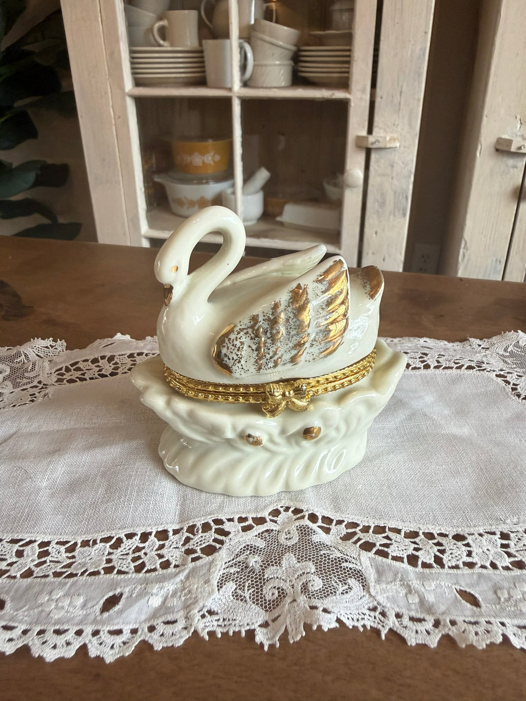Porcelain Vintage Formalities by Baum Bros. Swan Trinket Box– Hinged Jewelry Box with Gold Gilt Accents