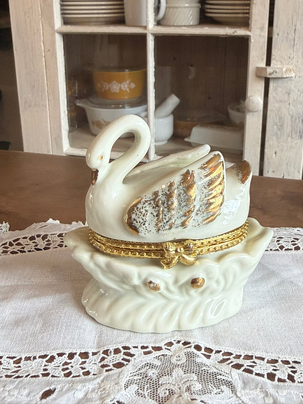 Porcelain Vintage Formalities by Baum Bros. Swan Trinket Box– Hinged Jewelry Box with Gold Gilt Accents